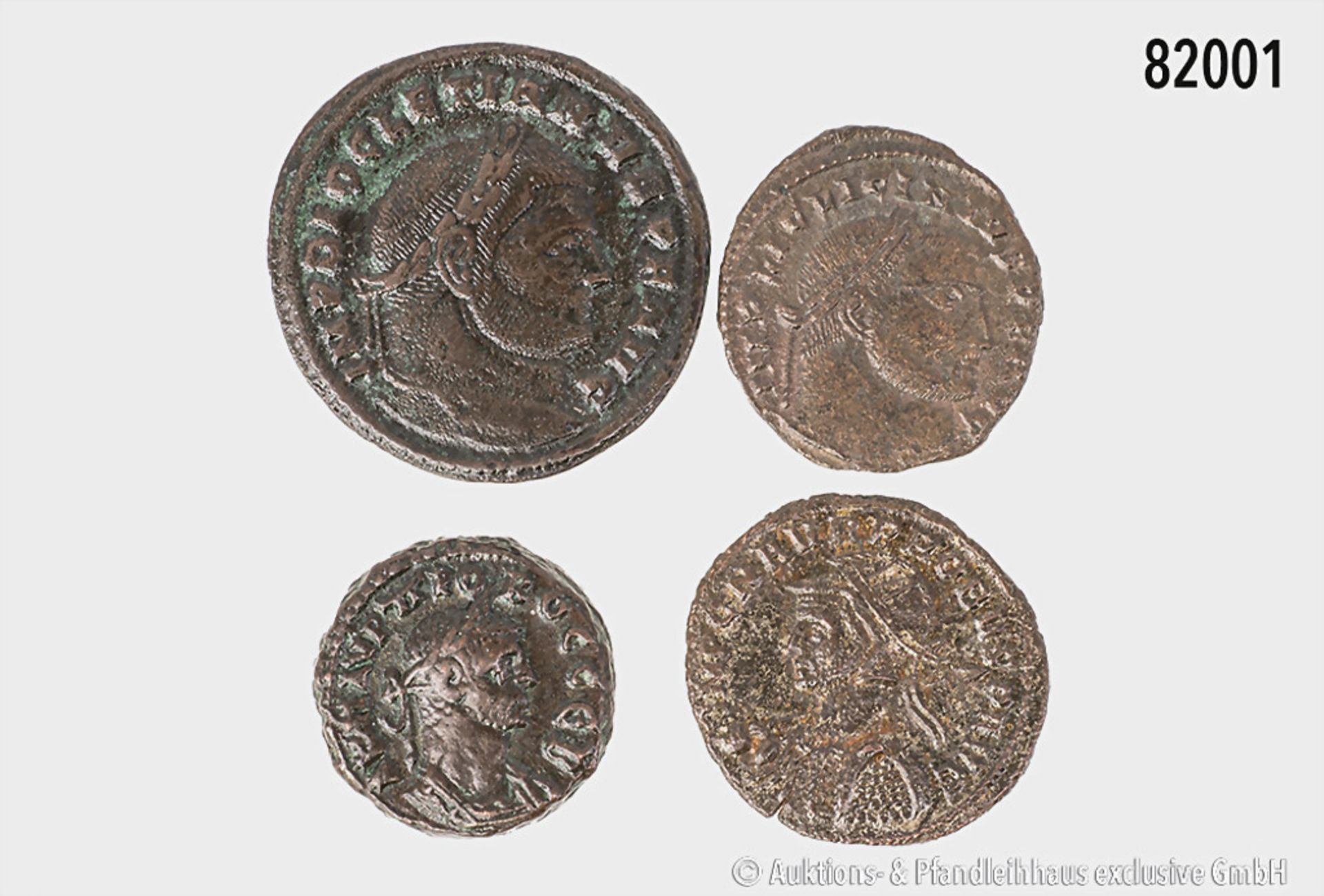 Konv. 4 römische Münzen, dabei Antoninian und Tetradrachme des Probus und Follis des ...