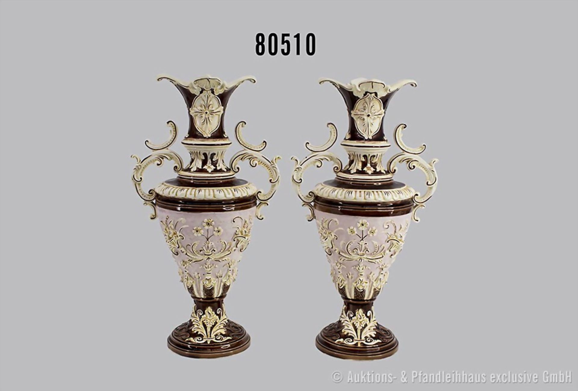 Paar Historismus Vasen, Keramik, heller Scherben, polychrome Glasur, Amphorenform, am ...