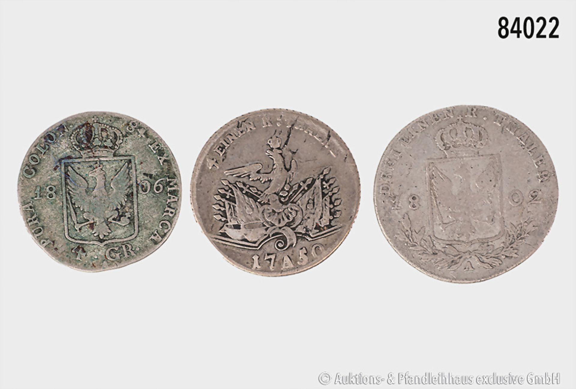 Brandenburg-Preußen, Konv. 1/4 Taler 1750 A, 1/3 Taler 1802 A und 4 Groschen 1806, ... - Bild 2 aus 2