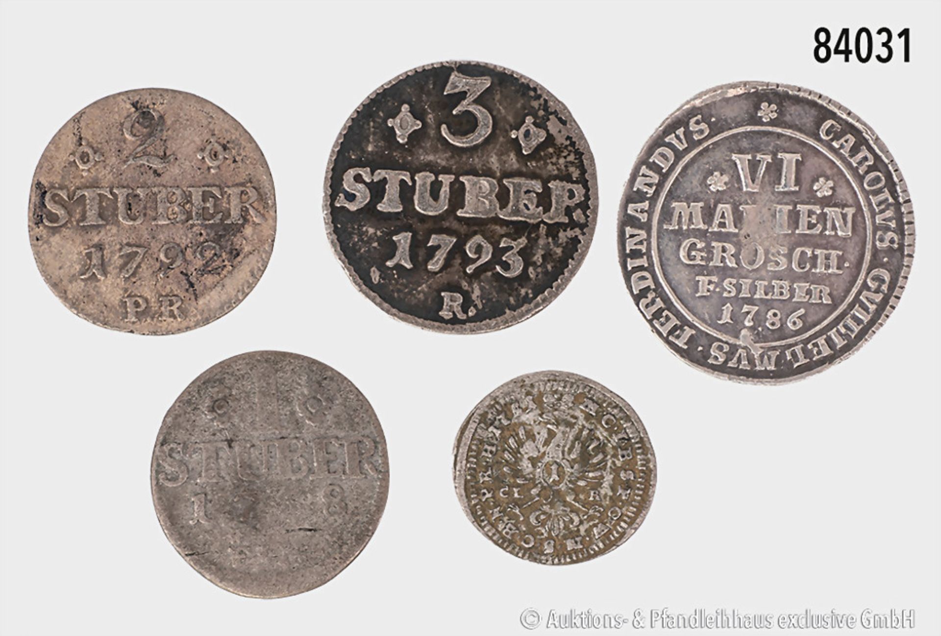 Altdeutschland, Konv. 5 Kleinmünzen, dabei Jülich-Kleve-Berg 3 Stüber 1793, 2 Stüber ... - Bild 2 aus 2