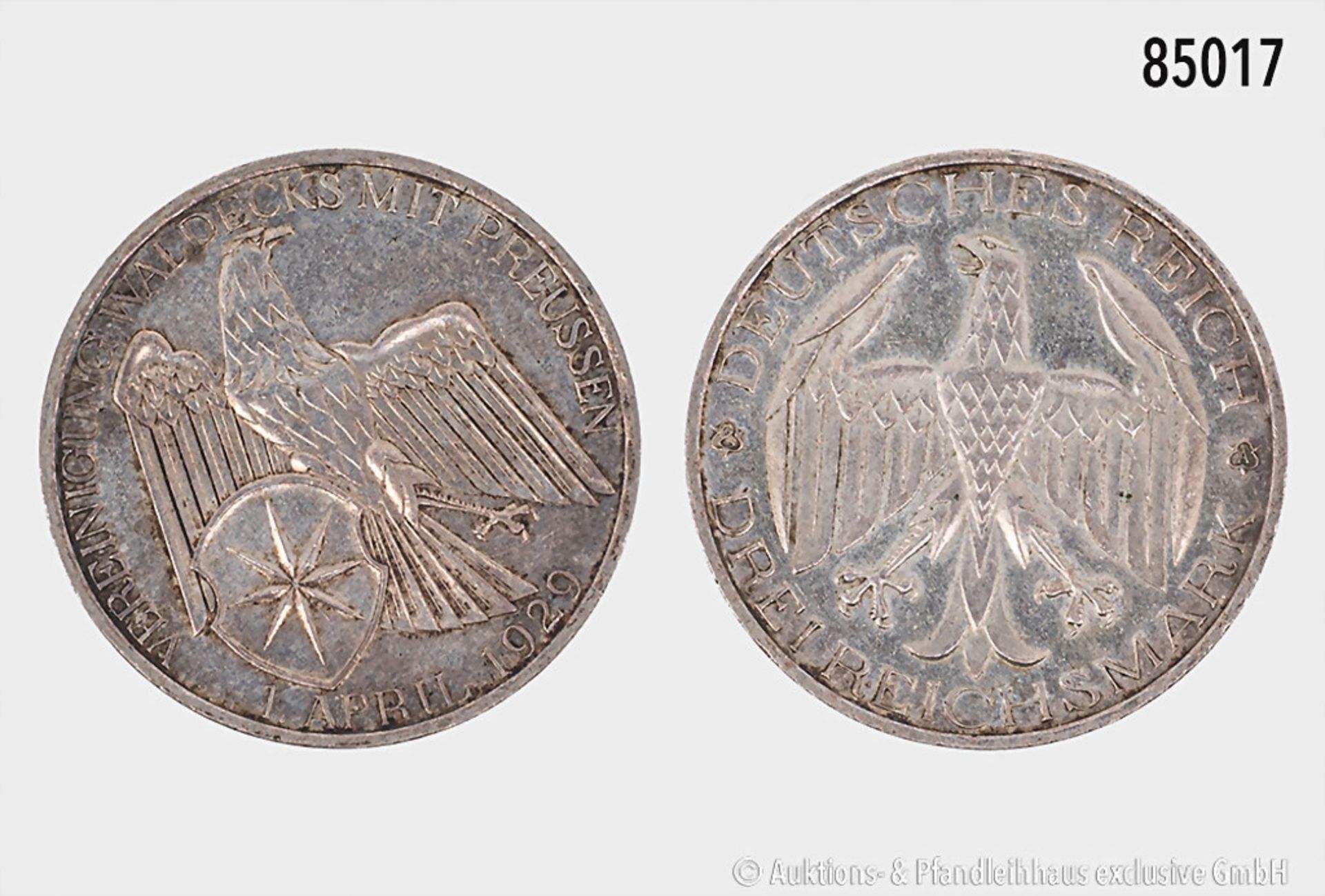Weimarer Republik, 3 RM 1929 A, Vereinigung Waldecks mit Preußen, 14,99 g, 30 mm, Jaeger ...