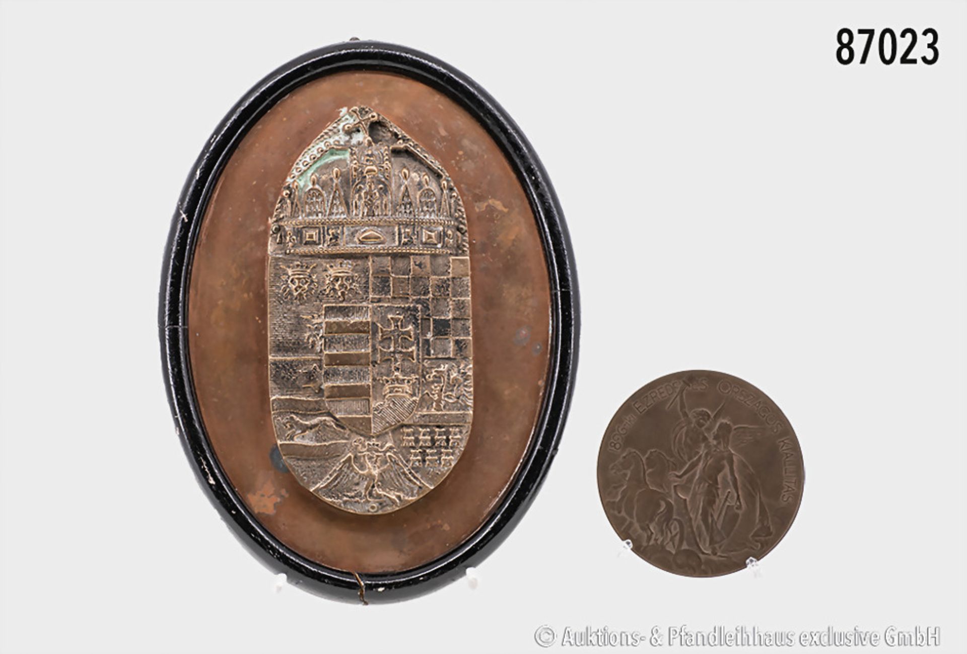Konv. große Bronze/Kupfer-Plakette mit Wappen des Königreichs Ungarn, ca. 22 x 16 cm, ...