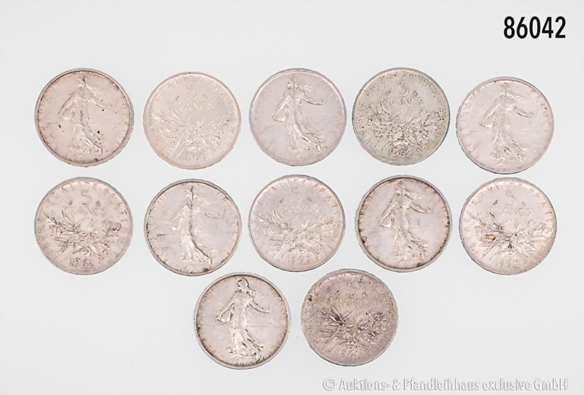 Frankreich, Konv. 12 x 5 Francs, Silber, gemischter Zustand, bitte ...