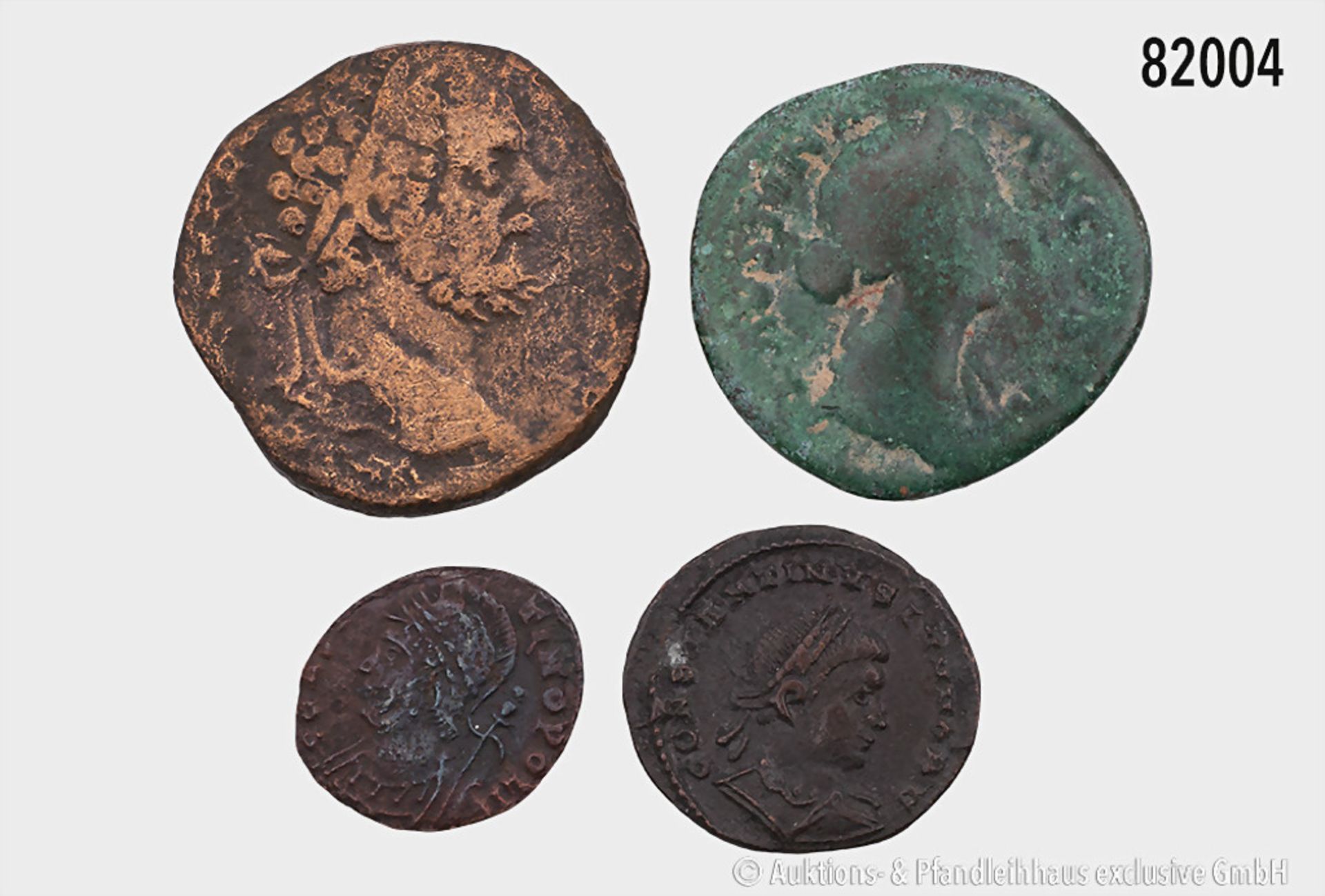 Konv. 4 römische Bronzemünzen, dabei Faustina, As, Rs. Salus, Septimius Severus, ...