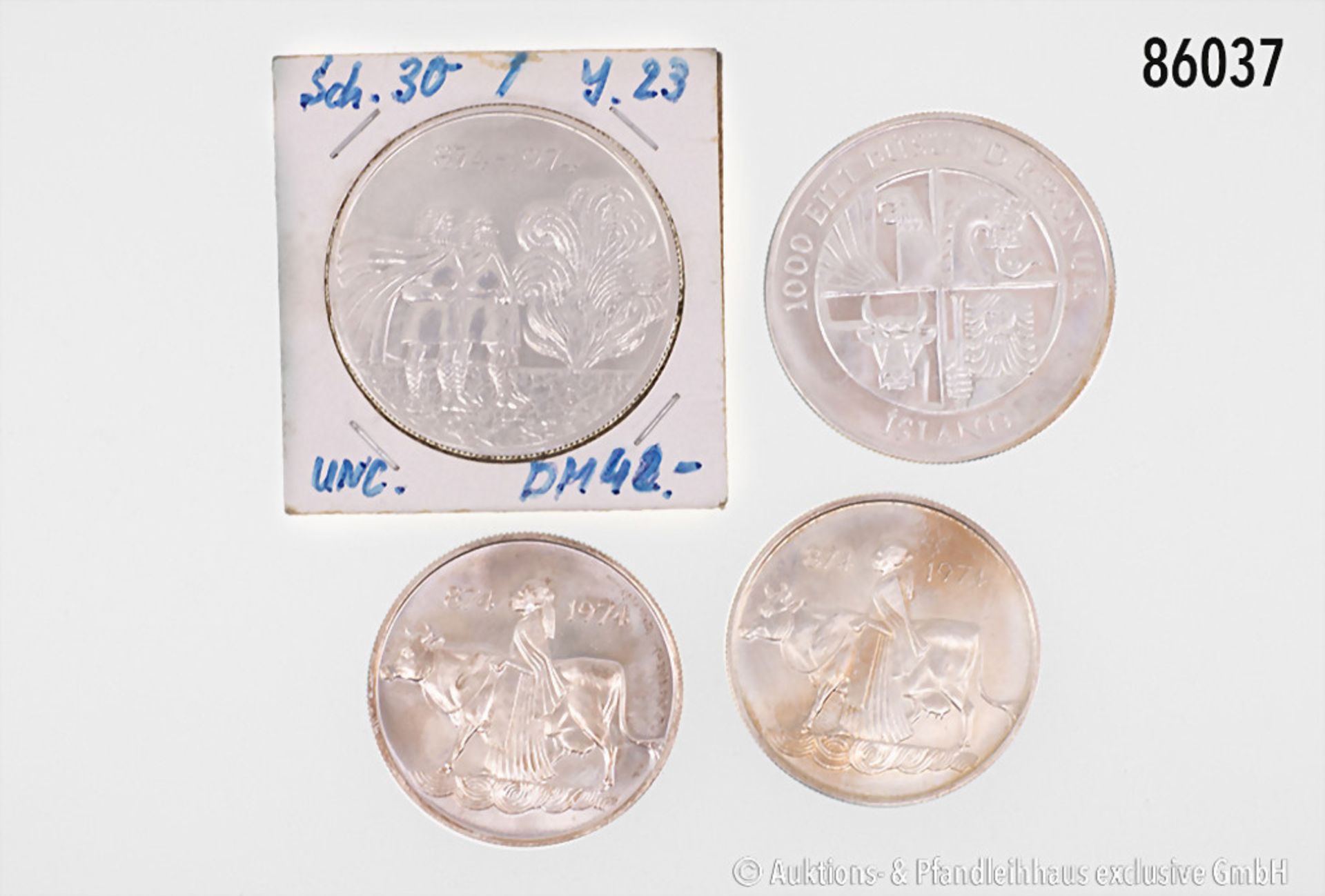 Island, Konv. 2 x 1000 Kronur 1974 und 2 x 500 Kronur 1974, 925 Silber, ...