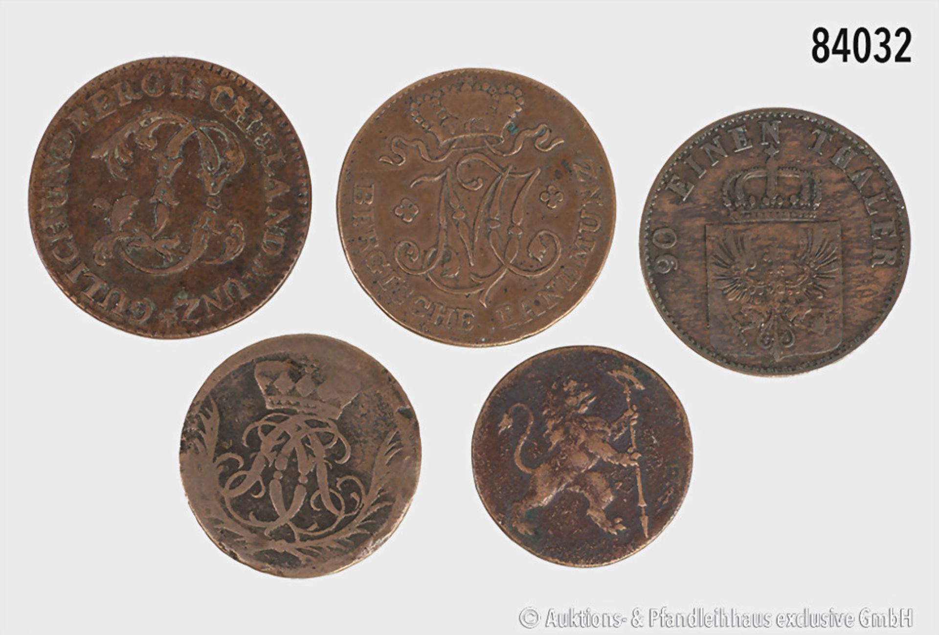 Altdeutschland, Konv. 5 Kleinmünzen, dabei Jülich-Kleve-Berg 1/2 Stüber 1774 und 1803, ...