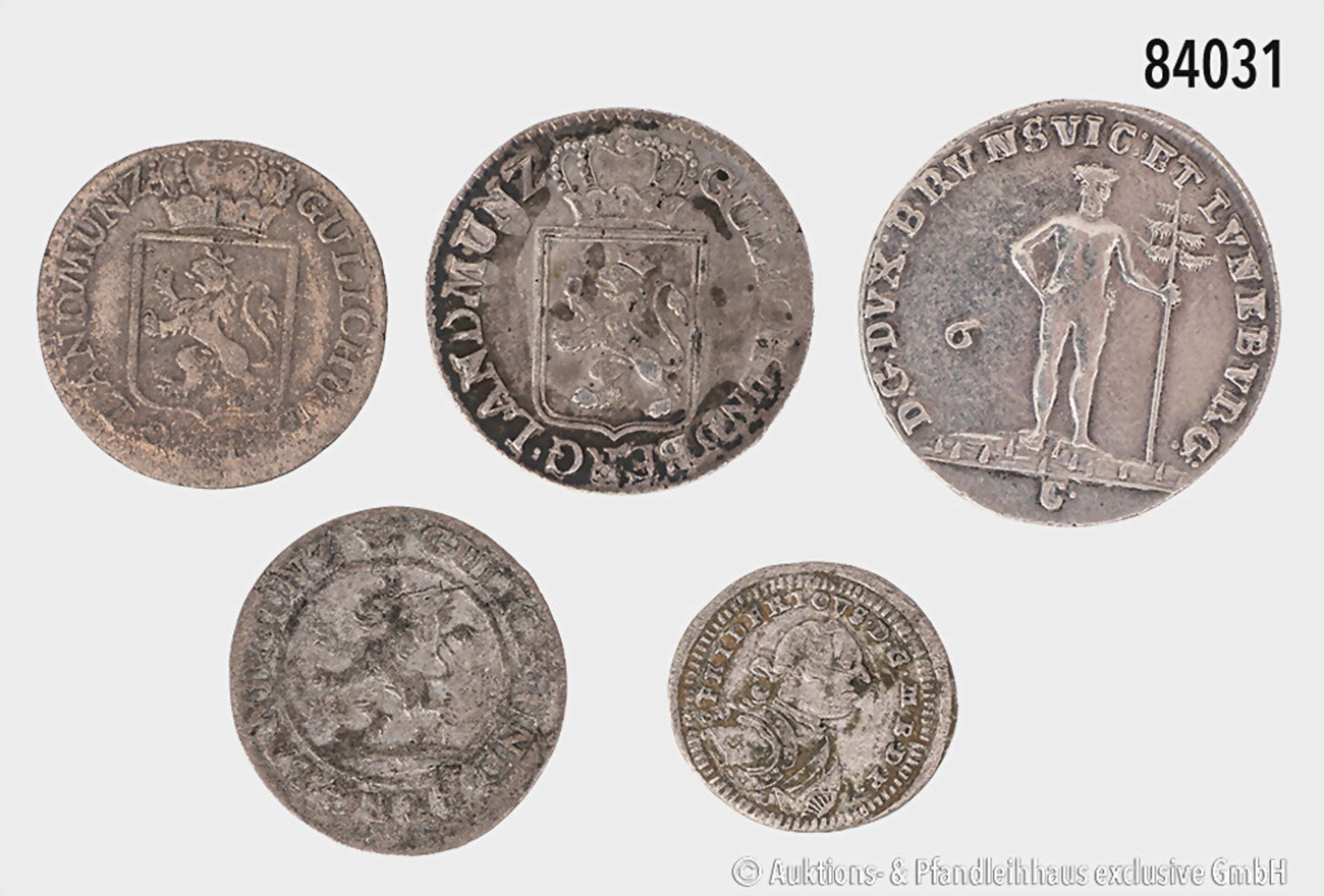 Altdeutschland, Konv. 5 Kleinmünzen, dabei Jülich-Kleve-Berg 3 Stüber 1793, 2 Stüber ...