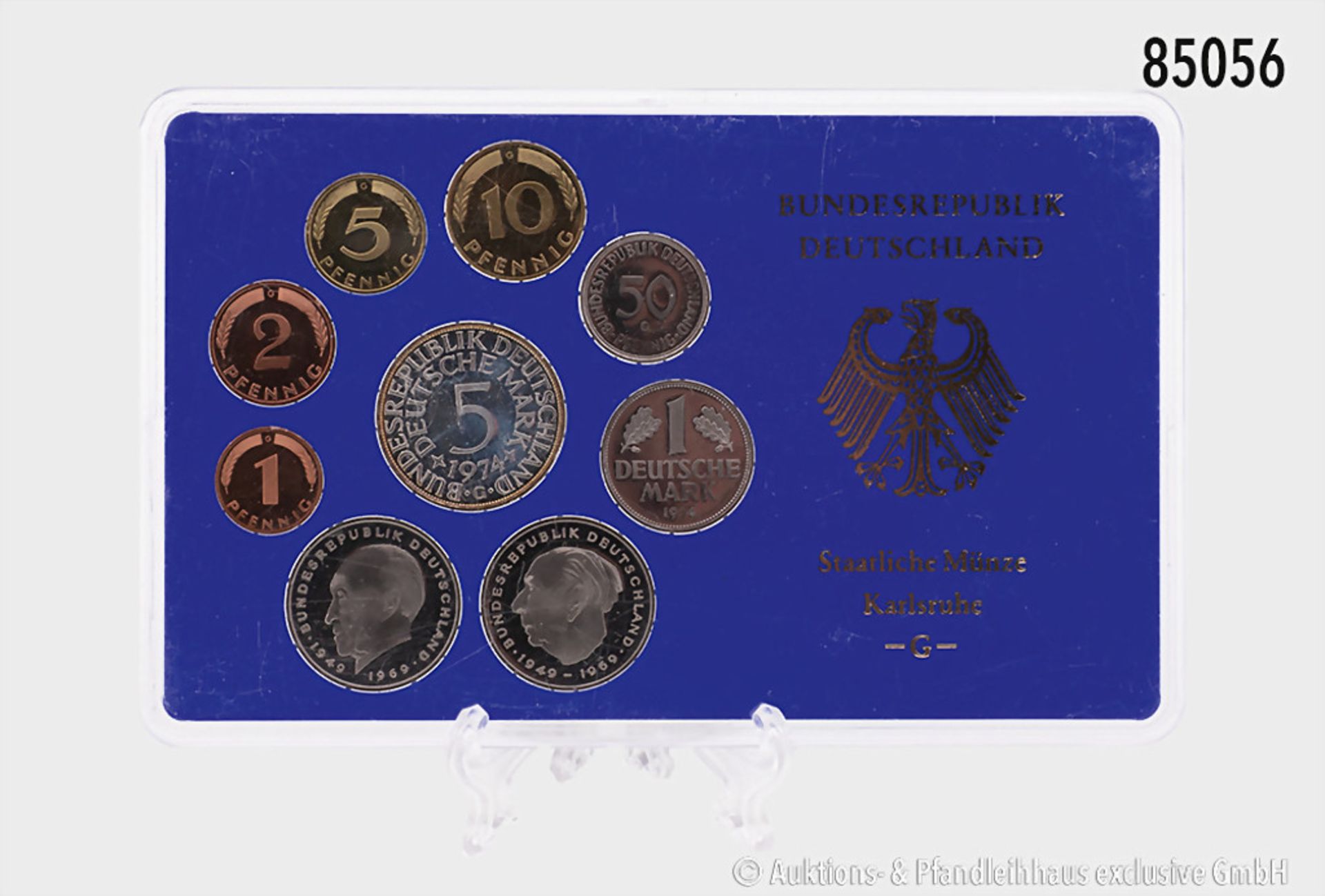 Konv. BRD, Kursmünzensätze 1974 G und J, inkl. Silberadler, PP, in OVP, OVP mit kleinen ...