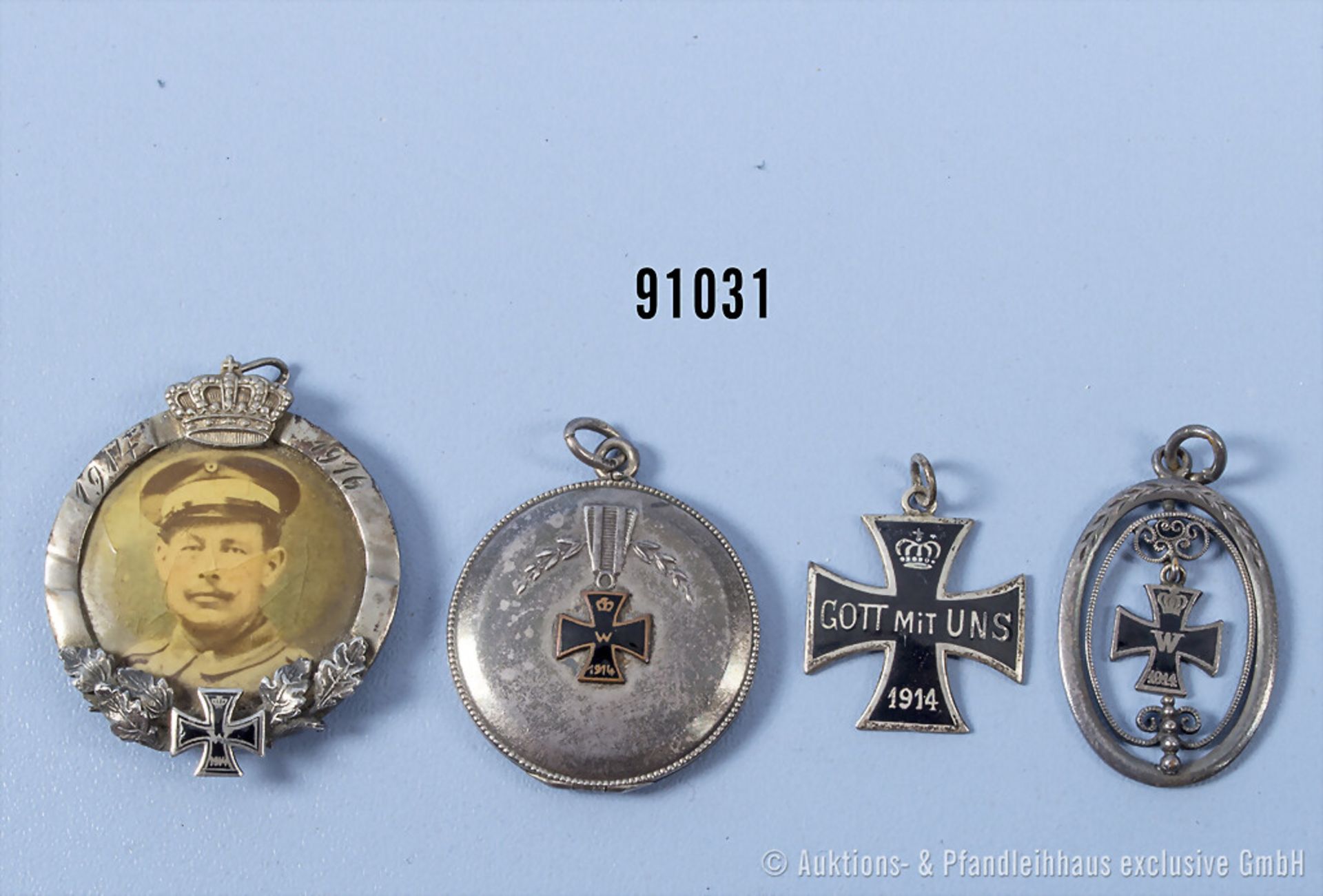 Konv. patriotischer Schmuck 1. WK, 4 Anhänger, jeweils mit EK 1914 Motiven, gemischter ...