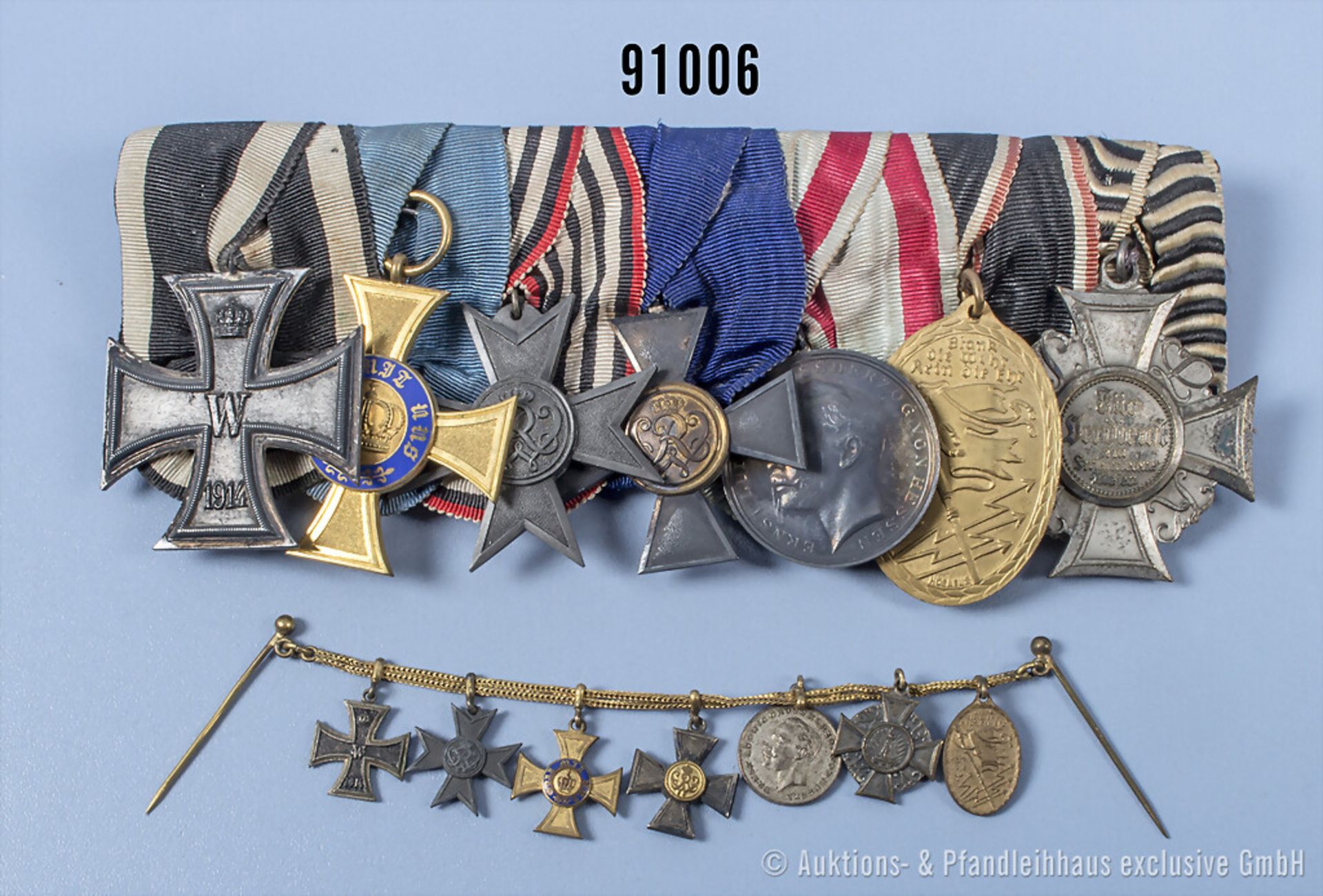 7er Ordensspange, EK 2 1914, Preußen Kronenorden 4. Klasse (mit Stecknadel befestigt), ...