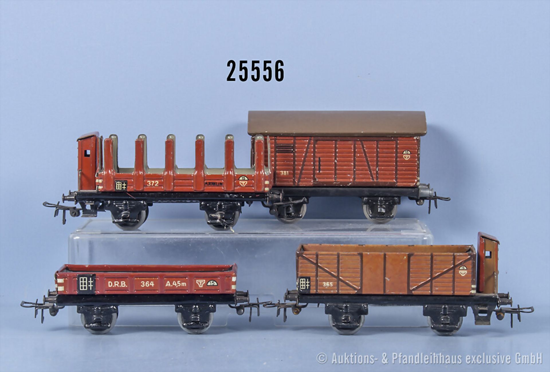 4 Märklin H0 Blechgüterwagen, dabei 364, 365, 372 und 381, Z 1-2, teilw. mit minimalen ...