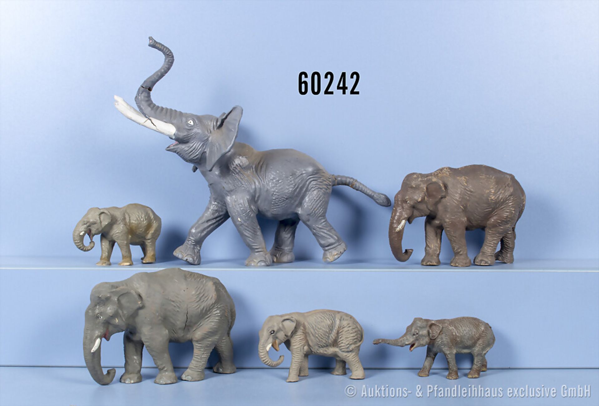 6 Elastolin/ Lineol Elefanten, 1x mit erhobenem Rüssel, Masse, 7 cm, Z ...
