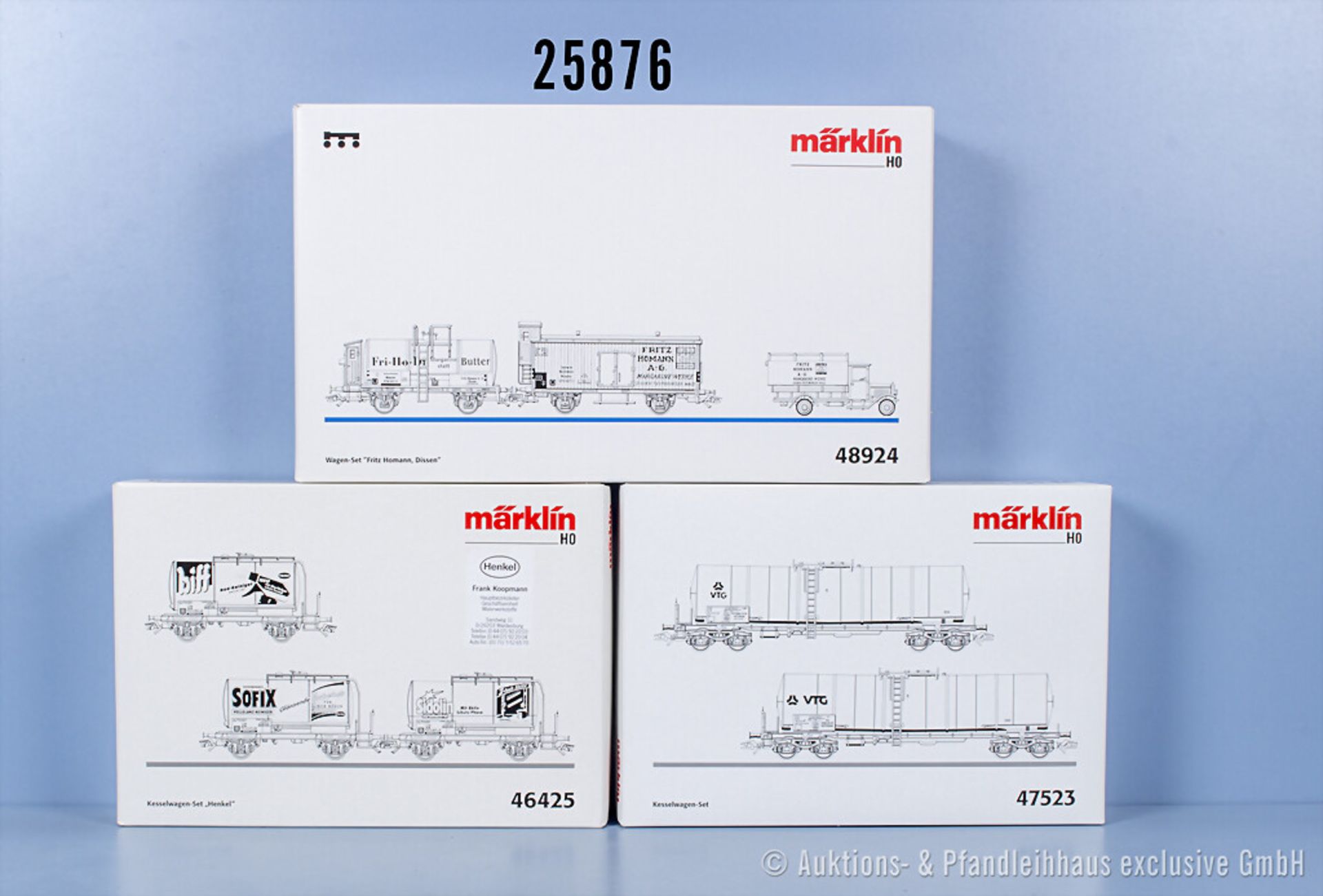 3 Märklin H0 Wagensets, dabei 46425 Henkel, 47523 VTG Rotterdam und 48924 Fritz Homann, ...