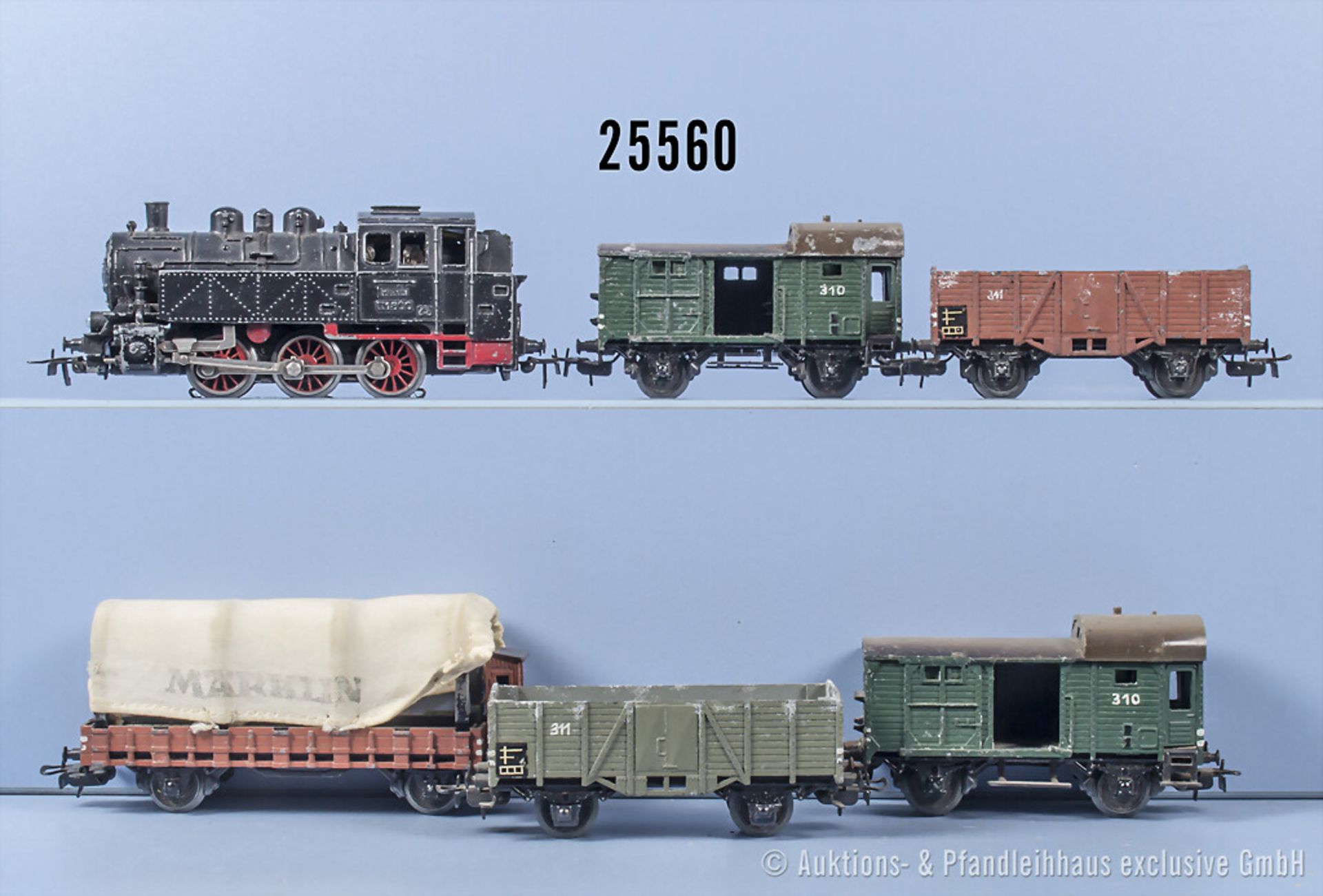 Märklin H0 Zug, dabei TM800 Tenderlok und 5 Gußgüterwagen, Z 3-4,  mit Lackfehlern und ...