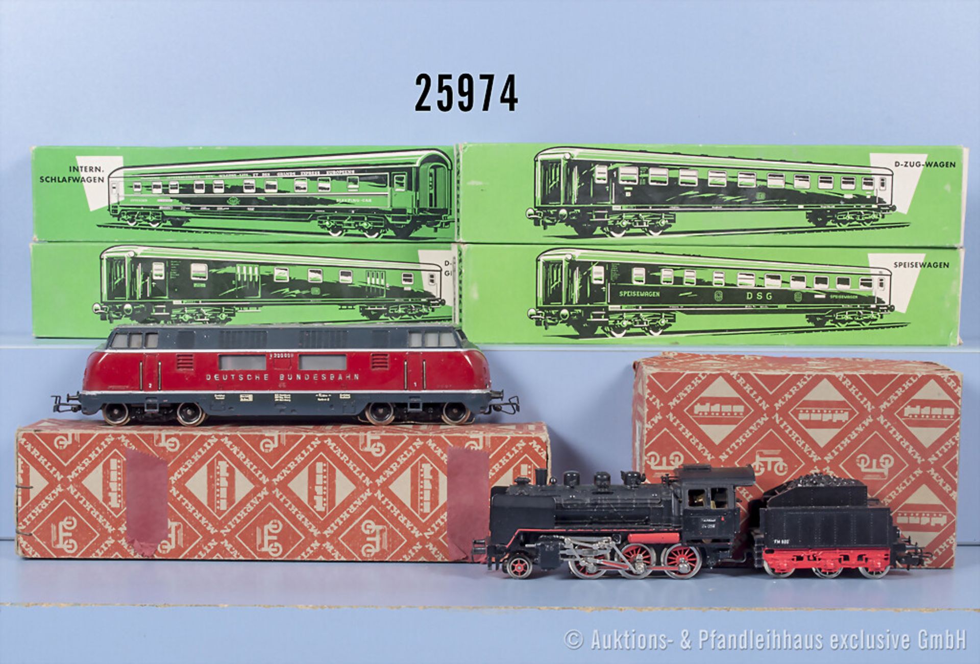 Märklin H0 D-Zug, dabei 3003 Schlepptenderlok der DB, BN 24 058, 3021 Diesellok der DB, ...