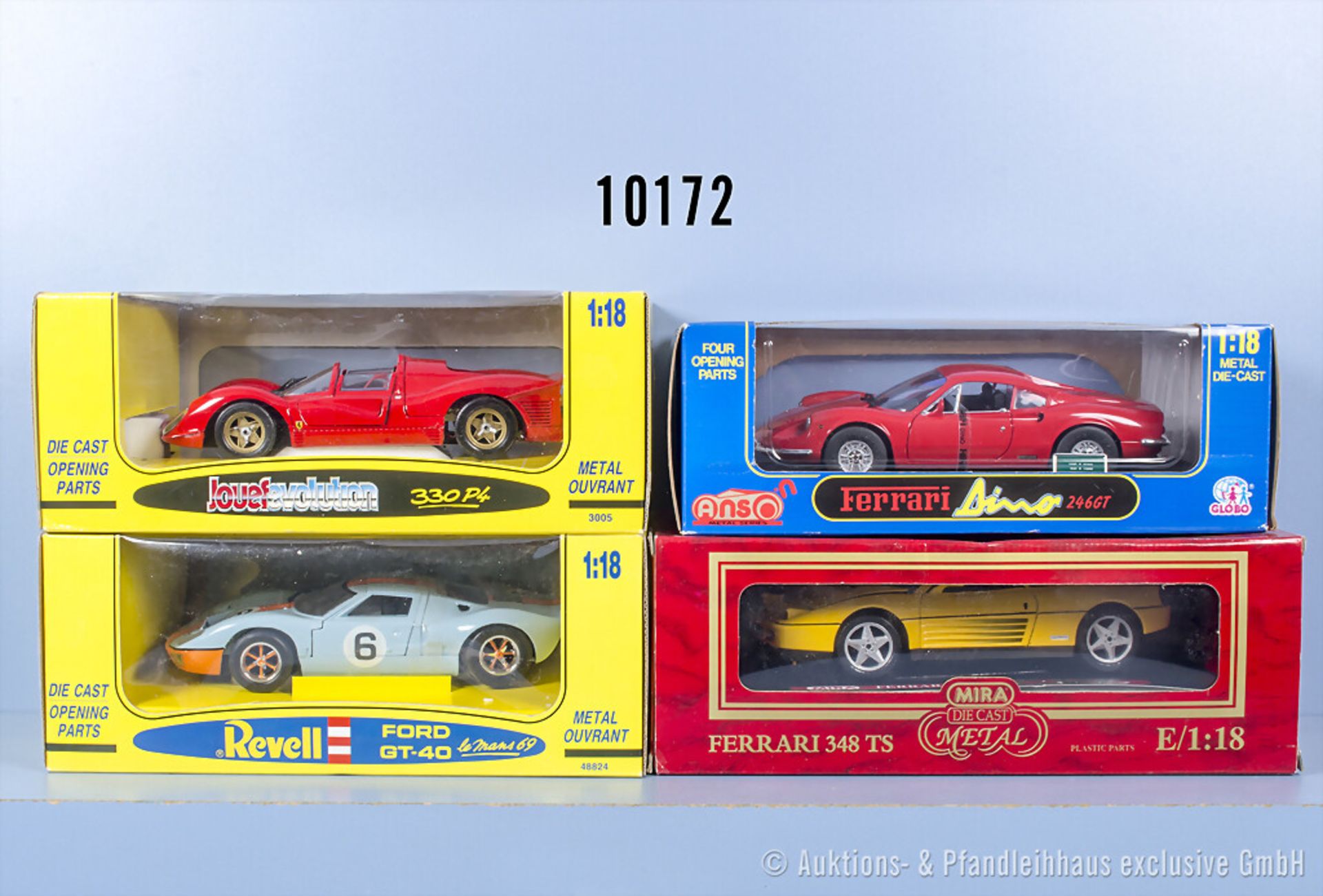 4 Modellfahrzeuge, Sportwagen, Ansons Ferrari Dino 246GT, Mira Ferrari 348 TS, Revell ...
