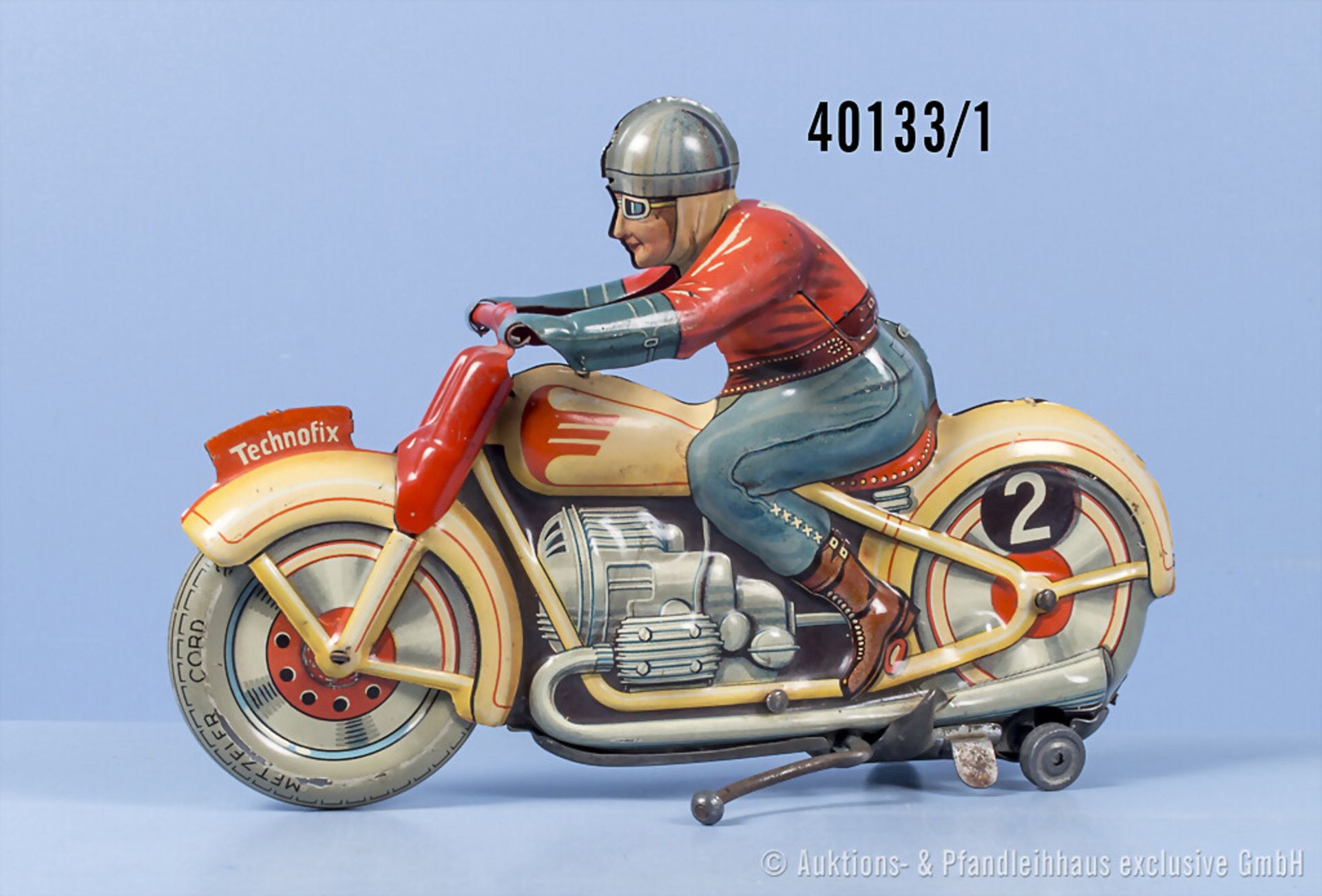 Technofix Motorrad GE 255, Blech, US Z. Germany, 18 cm, Uhrwerk, Haltelasche Helm ...