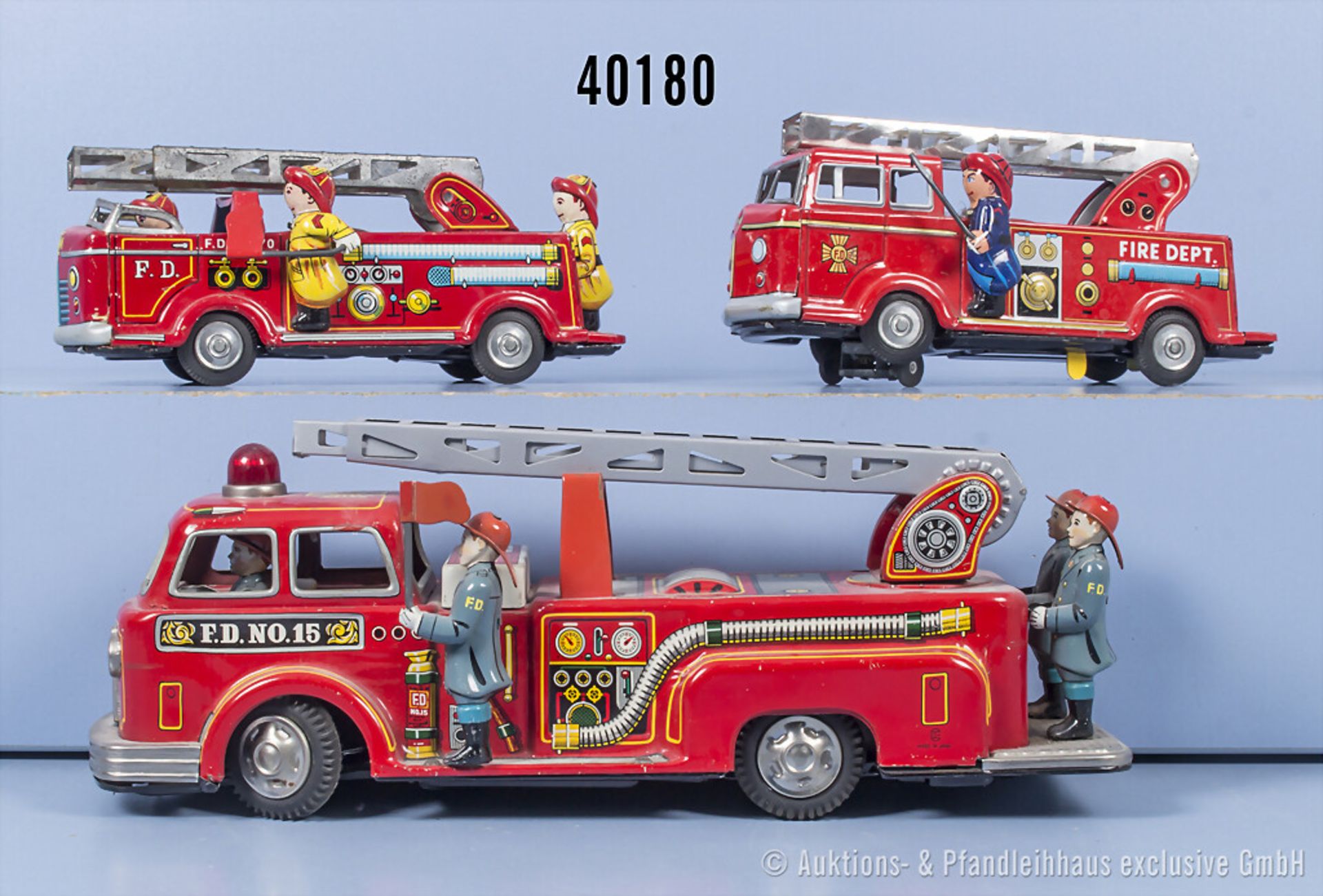 3 Nomura Feuerwehrfahrzeuge, Blech, Japan, 2x Batteriefach ok, L bis 32 cm, 1x ...