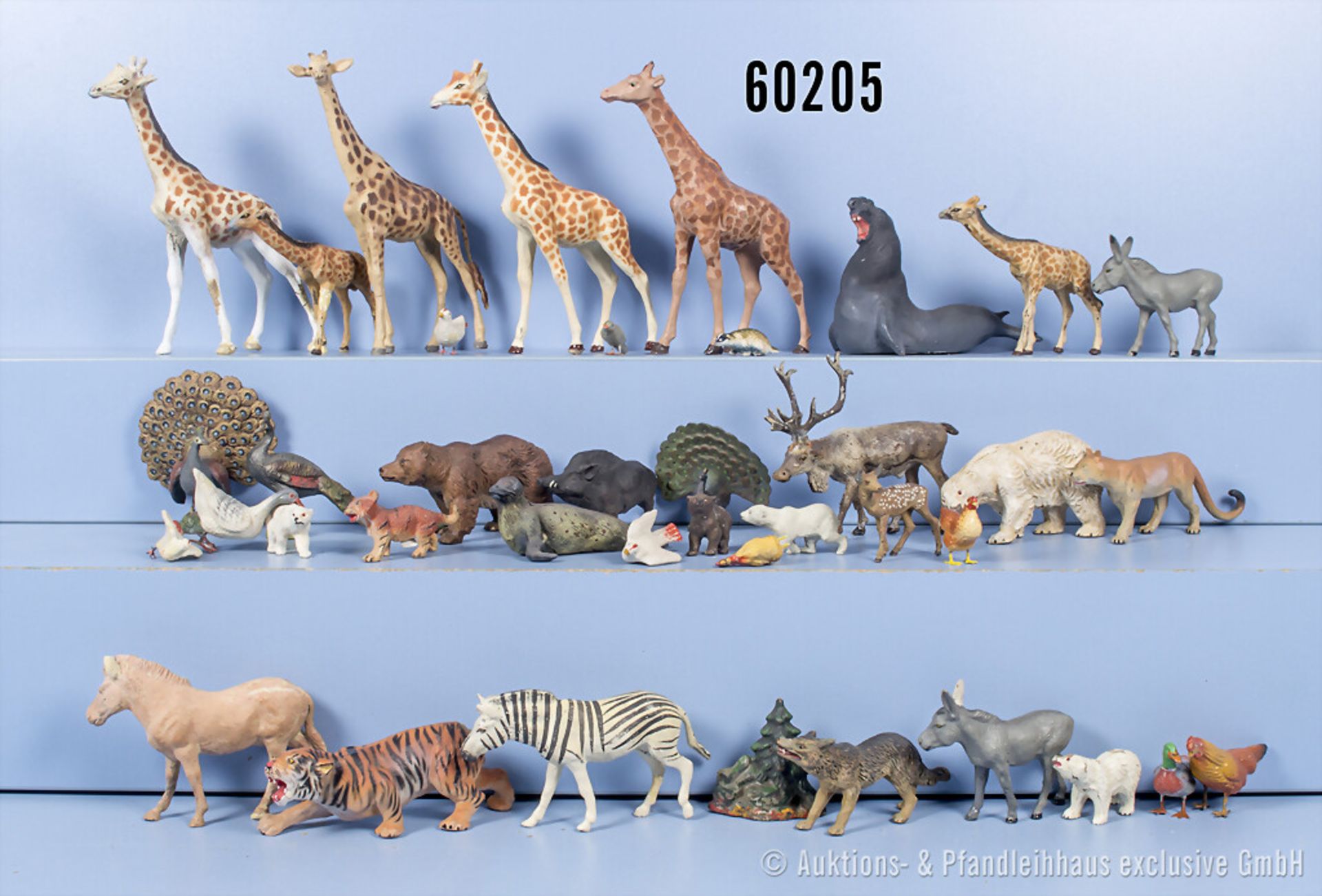39 Elastolin/ Lineol Tiere, u.a. Giraffen, Zebras, Tiger, Seeelefant, Pfau, H bis 18 ...