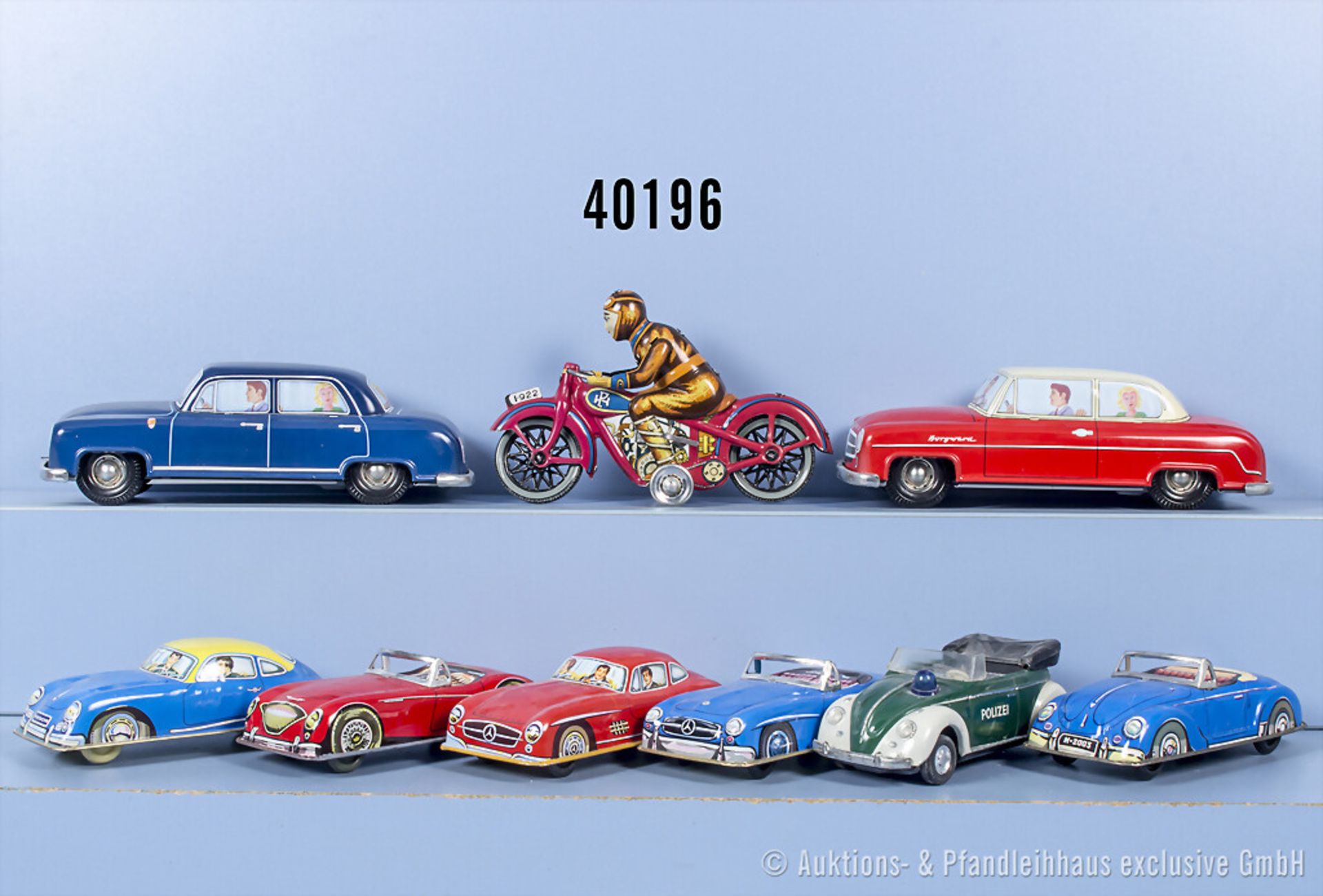 9 Modellfahrzeuge, Blech, u.a. Paya Motorrad I-922, Tucher Walther Borgward und ...