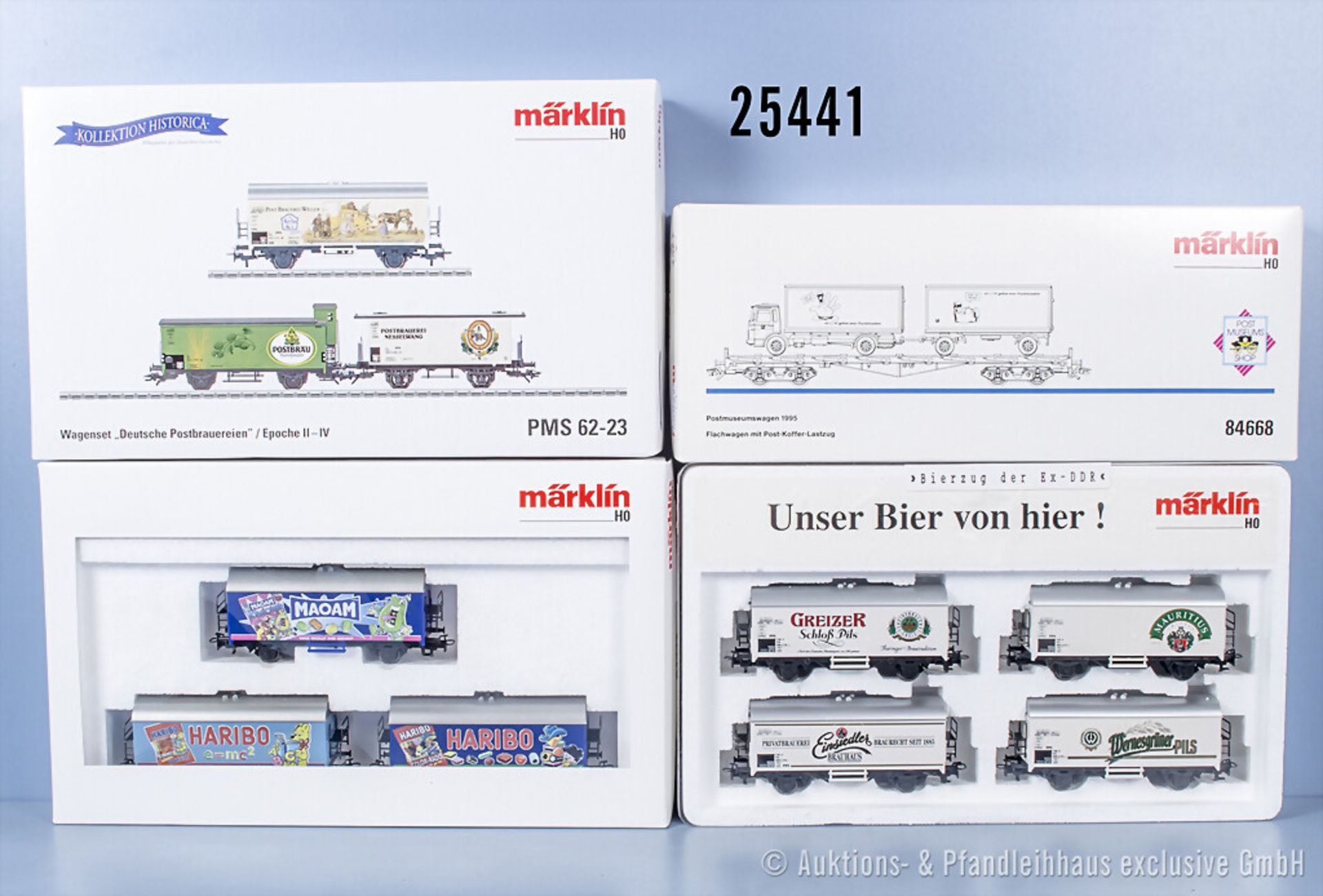 4 Märklin H0 Wagensets, dabei 84668 Postmuseumswagen 1995, 94273 Haribo, 94296 Deutsche ...
