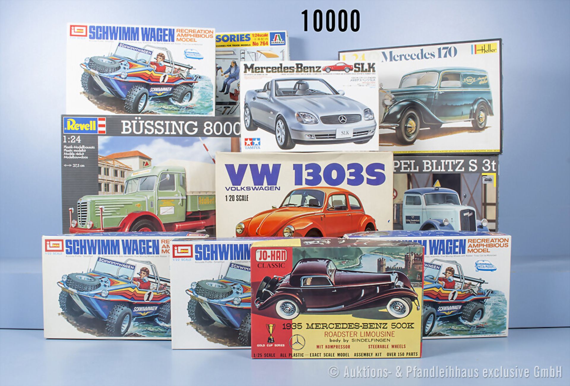 11 Modellbausätze, dabei Tamiya Mercedes Benz SLK, Revel Büssing 8000 S13 und Opel ...