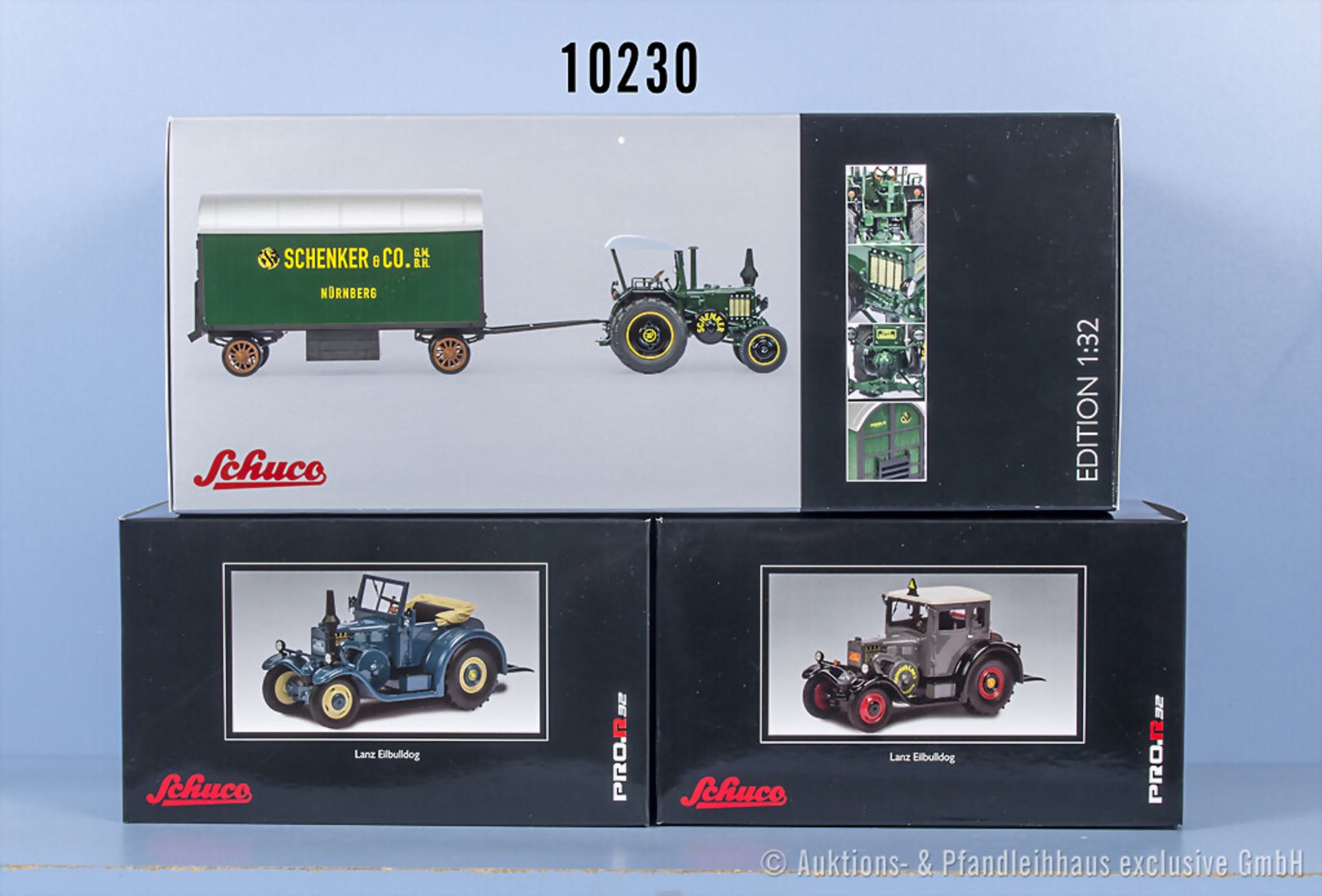 3 Schuco Modellfahrzeuge, Traktoren, Lanz Bulldog mit Anhänger "Schenker", Lanz ...
