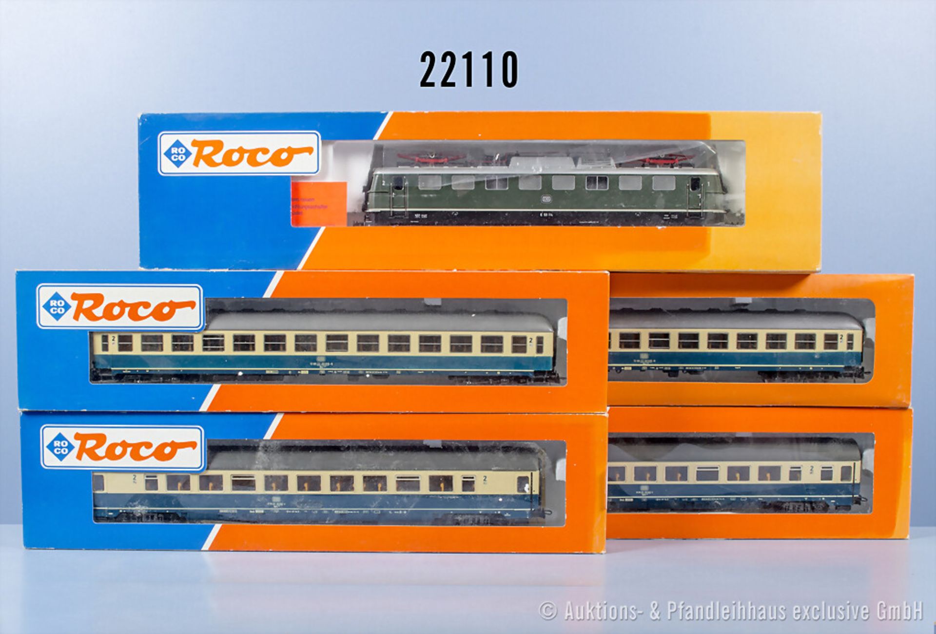 Roco H0 D-Zug, dabei 43965 E-Lok der DB, BN E50 114 und 4 Wagen, Z 0-1, in OVP, OVP ...
