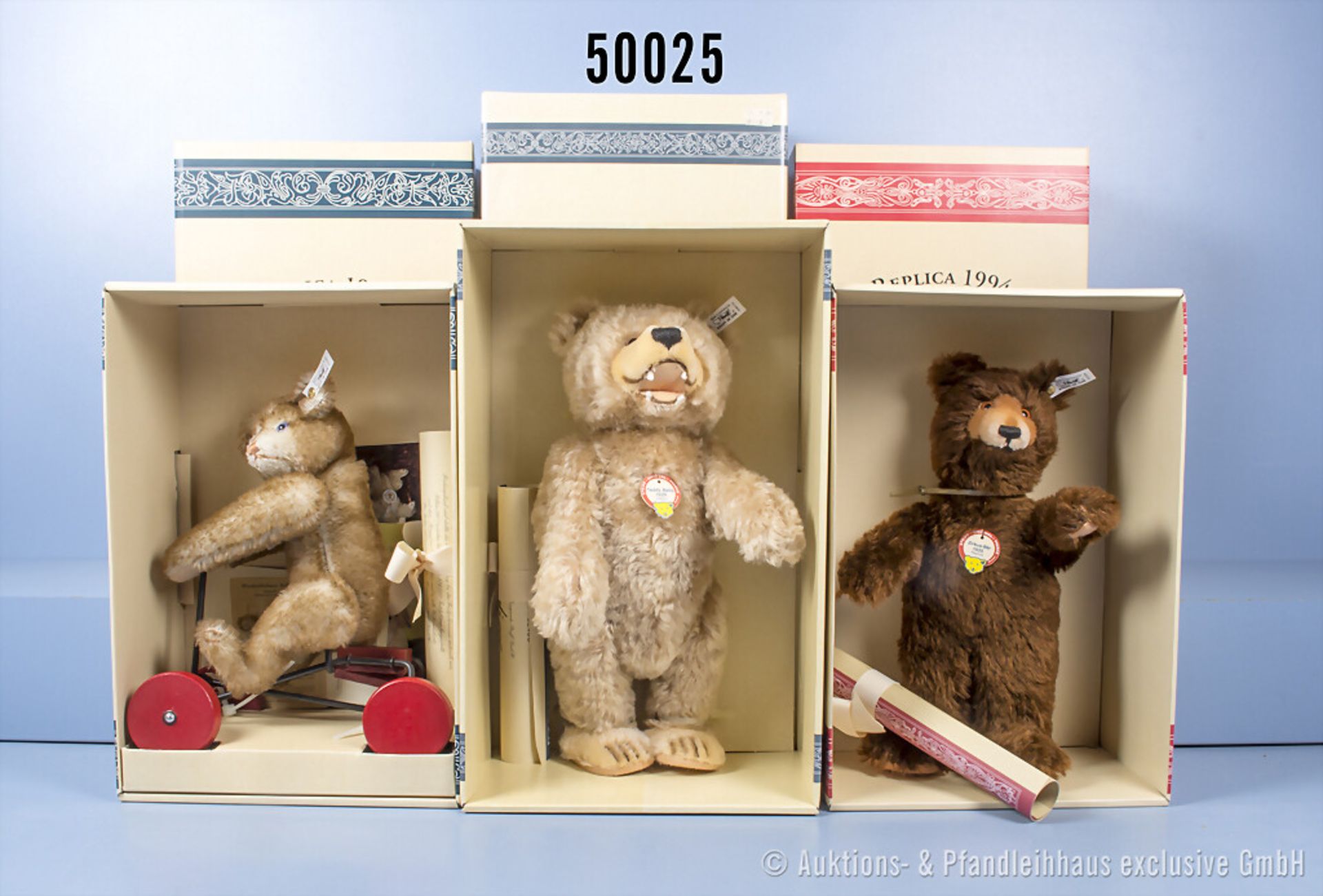 3 Steiff Replica Bären, Mohair, Record Petsy 1928, KFS, Nr. 407468, Teddy Baby mit ...