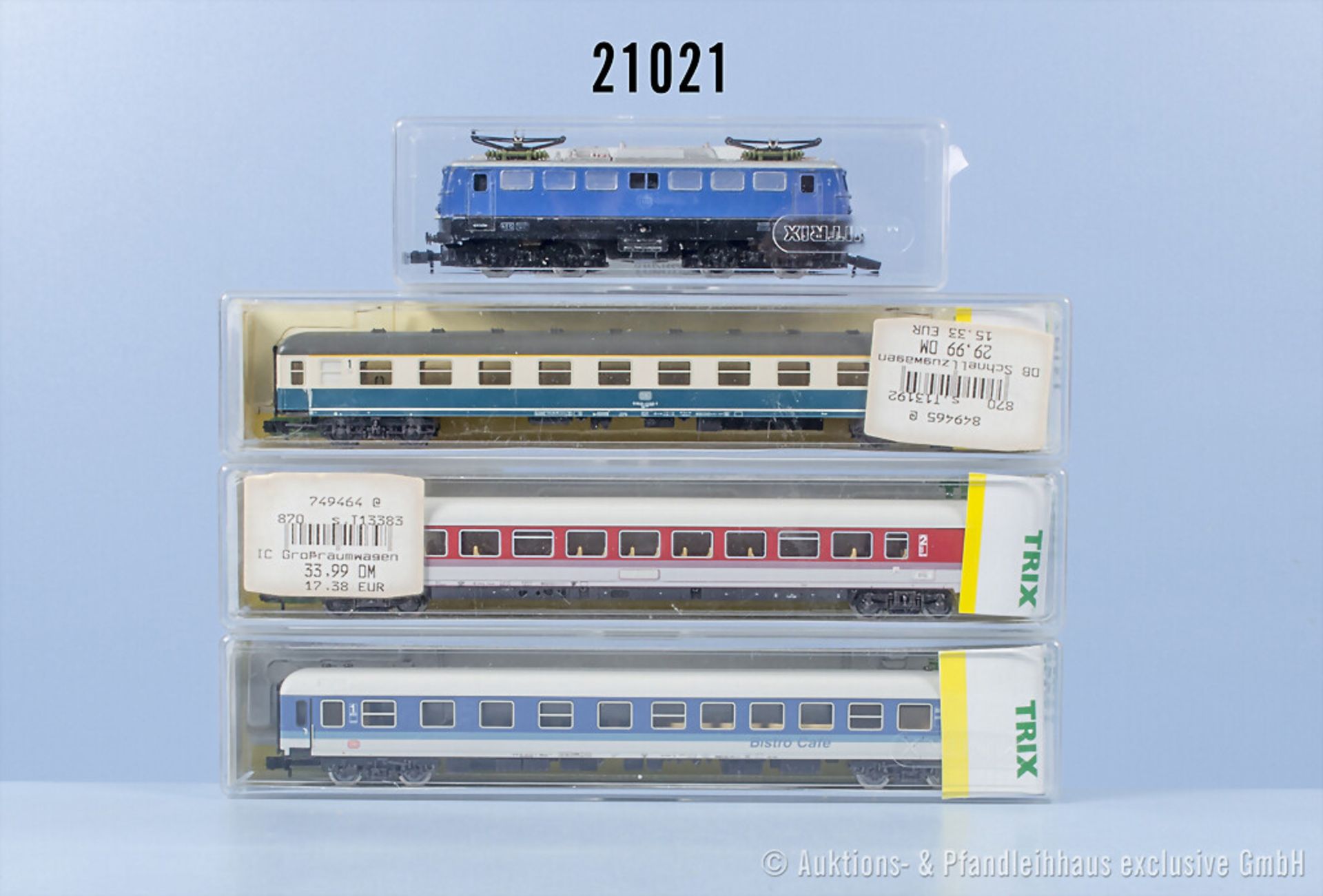 Spur N D-Zug, dabei Arnold E-Lok BR E10 der DB und 3 Minitrix Wagen, Z 1-2, 3 x in OVP, ...