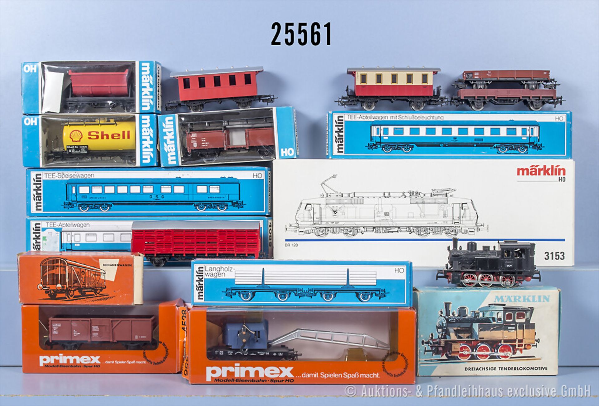 Märklin/Primex H0 Zug, dabei 3029 Tenderlok, 3153 E-Lok der DB, BN 120 001-3, 4085, ...