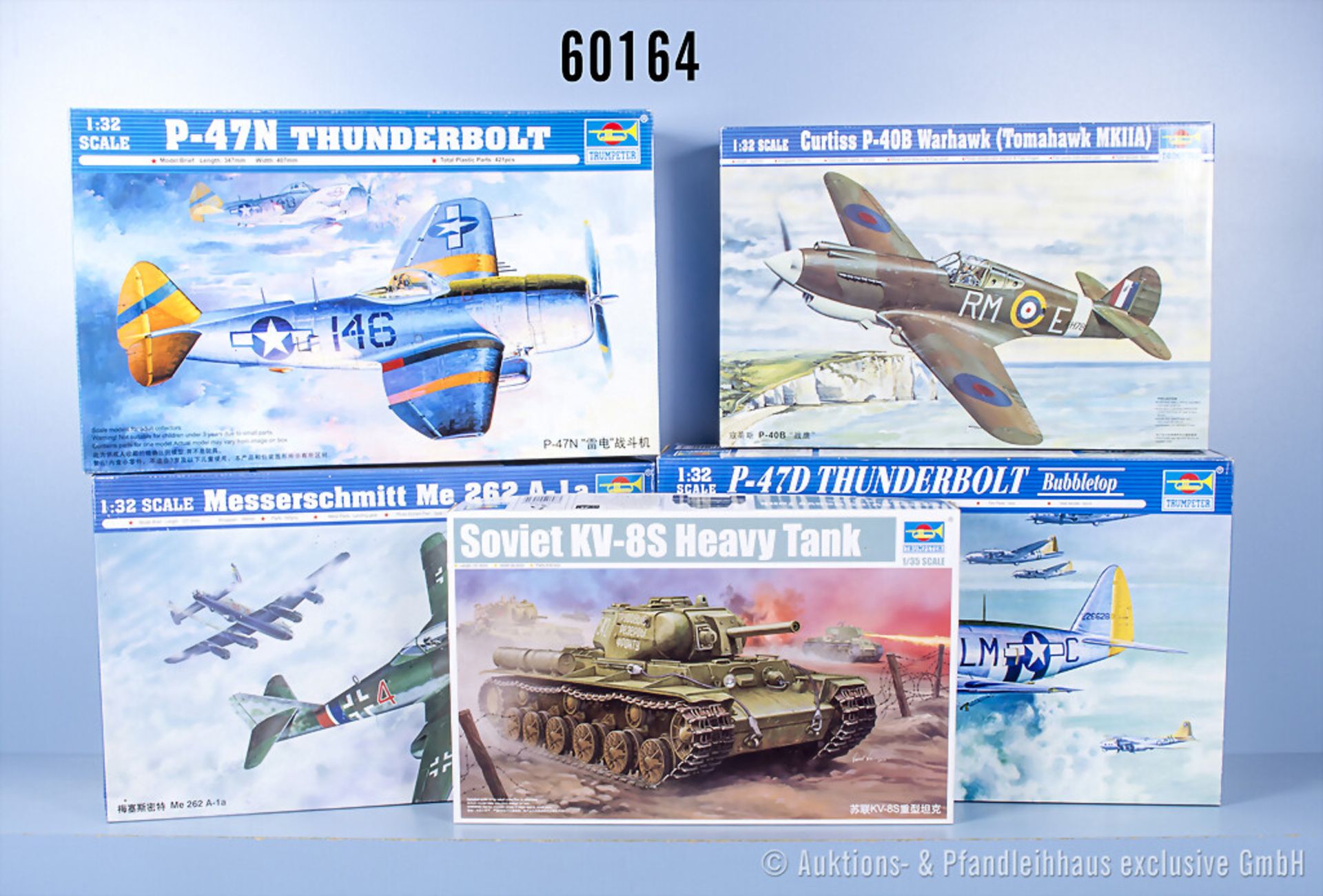5 Trumpeter Modellbausätze, dabei 02235 Messerschmitt Me 262 A-1a, 02263 P-47D ...