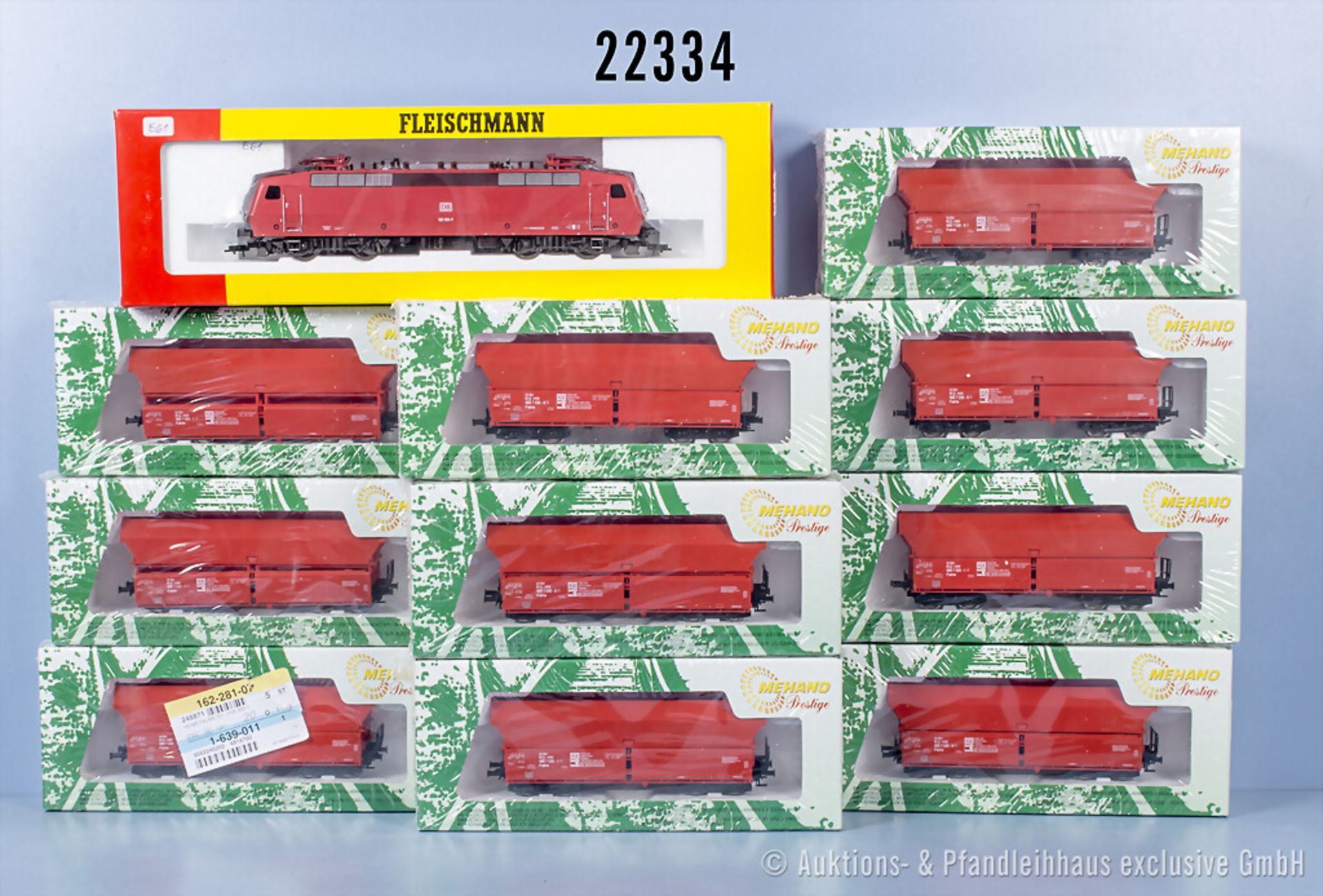 H0 Güterzug, dabei Fleischmann 4352 E-Lok der DB, BN 120 160-7 und 10 Mehano Erzwagen, ...