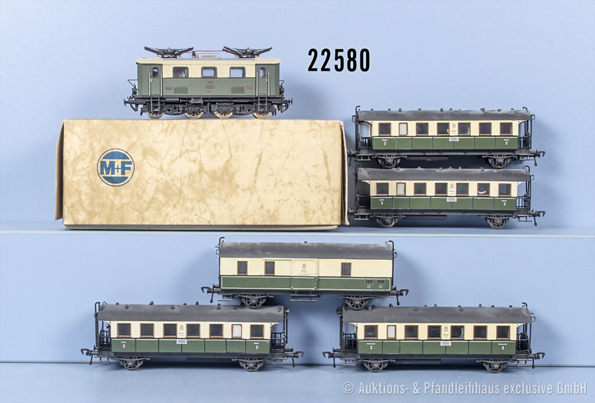 H0 Personenzug, dabei E-Lok der K.Bay.Sts.B., BN 20201 und 5 Wagen, versch. Hersteller ...