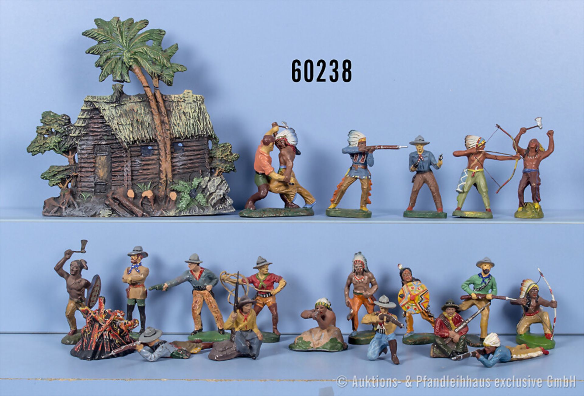 21 Wild West Figuren und Blockhaus mit Palme, Cowboys und Indianer, überwiegend ...