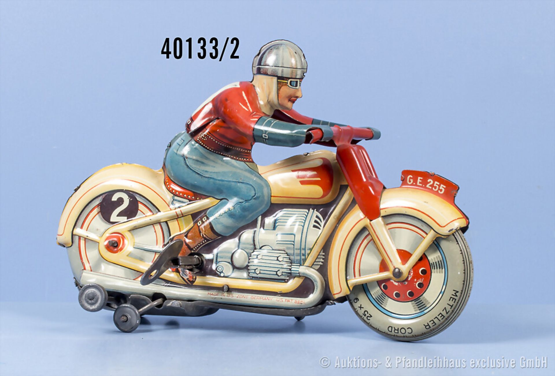 Technofix Motorrad GE 255, Blech, US Z. Germany, 18 cm, Uhrwerk, Haltelasche Helm ... - Bild 2 aus 2
