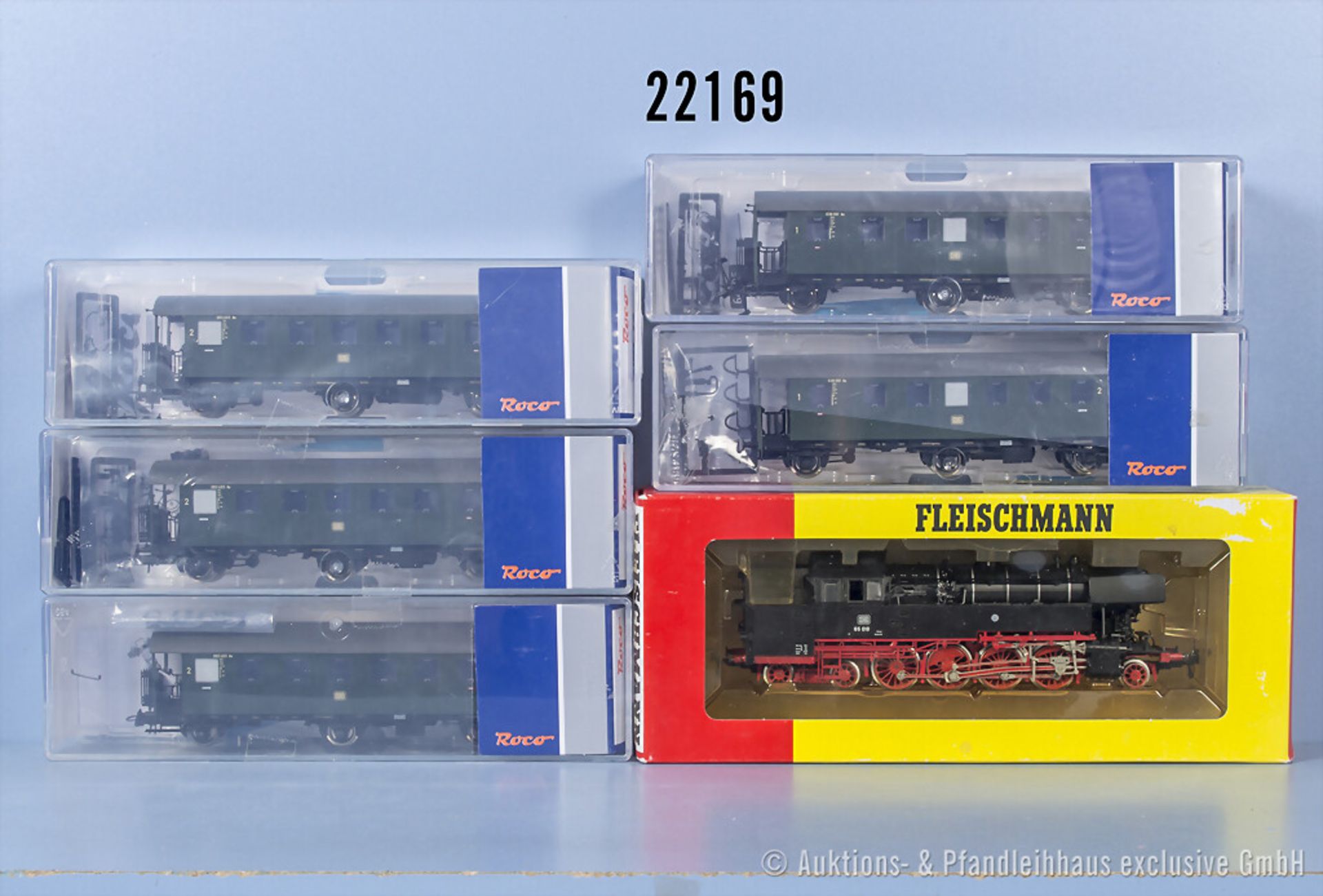 H0 Personenzug, dabei Fleischmann 4065 Tenderlok der DB, BN 65 018 und 5 Roco Wagen, Z ...