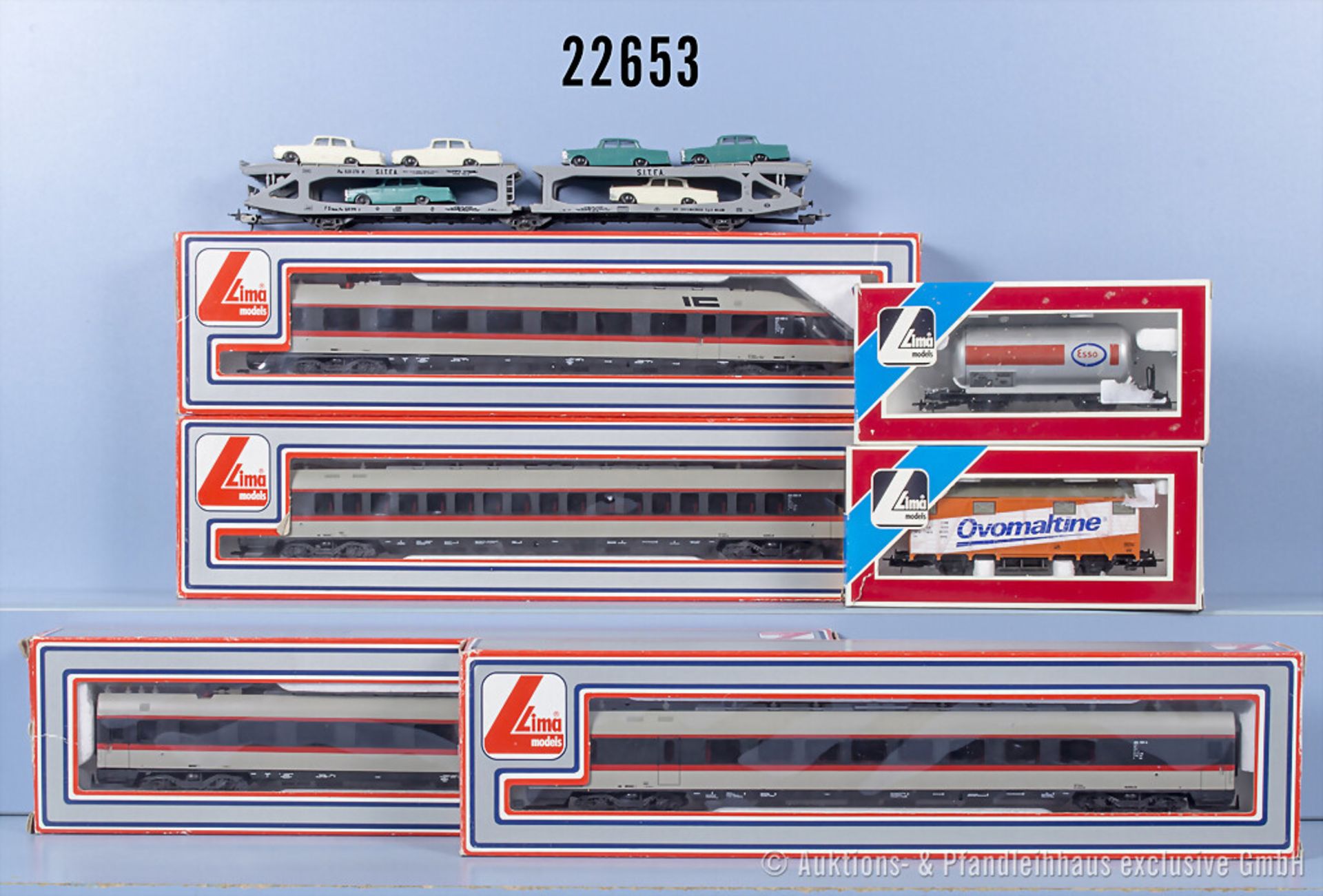 Lima H0, dabei 4-teiliger E-Triebzug der DB, BN 403 005-2 und 3 Güterwagen, Z 1-2, 6 x ...