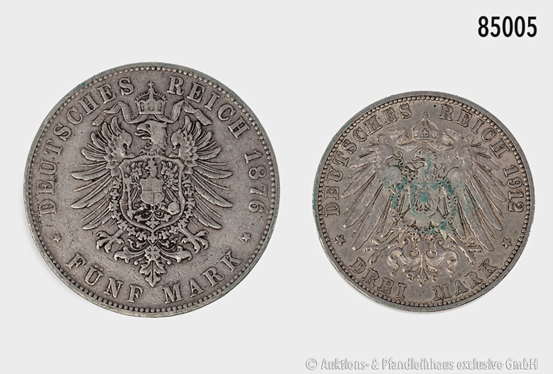 Konv. Baden 5 Mark 1876 (mit Querstrich) und 3 Mark 1912 G, gemischter Zustand, mit ... - Image 2 of 2