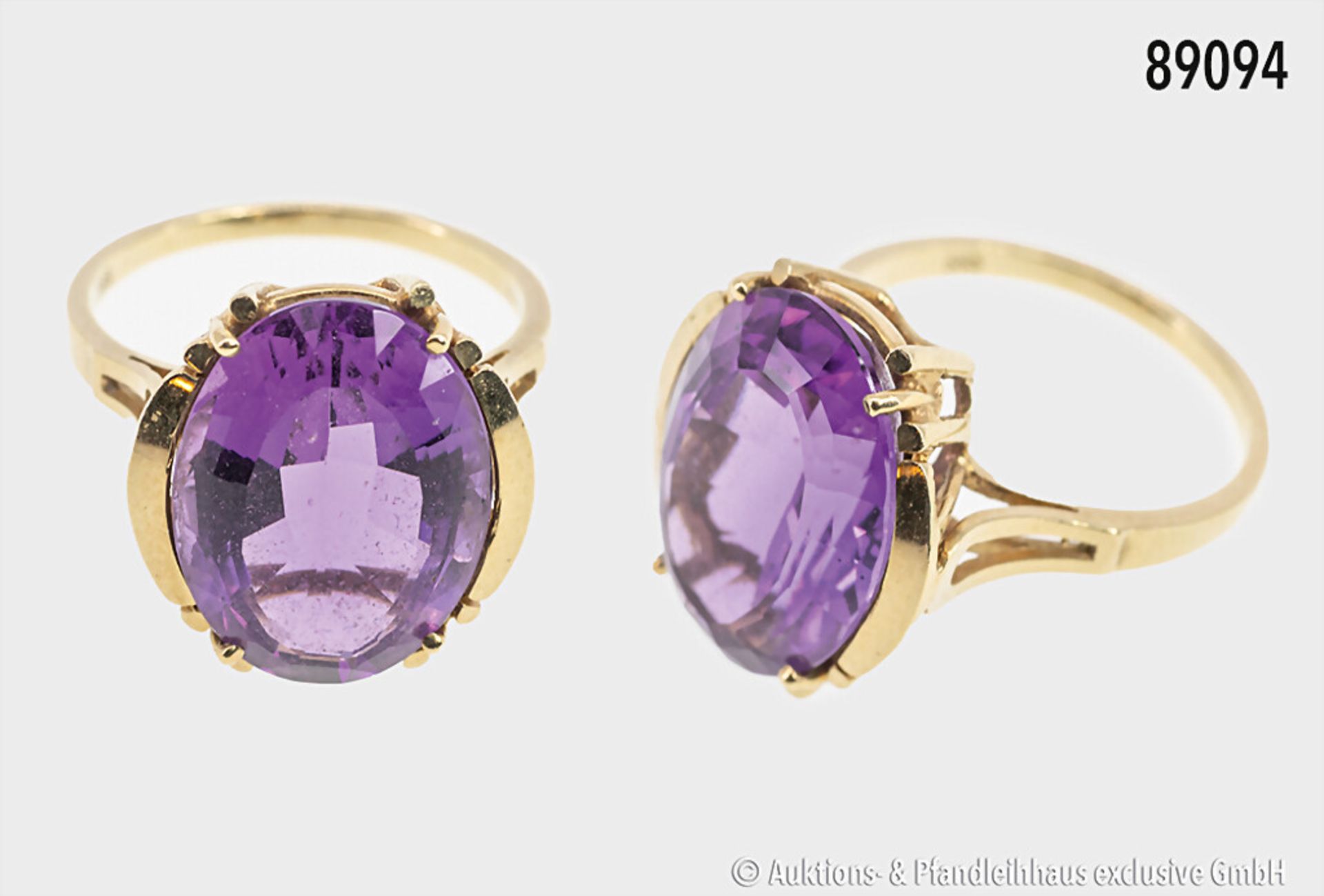 Ring, 585 Gelbgold, mit Amethyst in hoher Krabbenfassung, ca. 18 x 13,5 mm, 6,36 g, ...