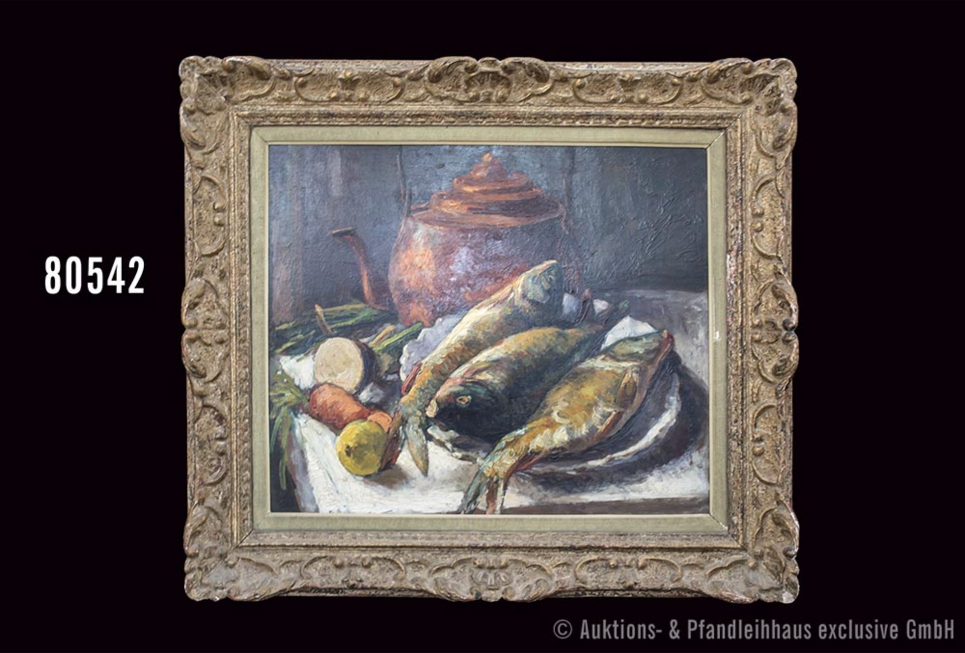 Unbekannter Maler des 20.Jh., Küchenstillleben mit Fischen und Kupferkessel, Öl auf ...
