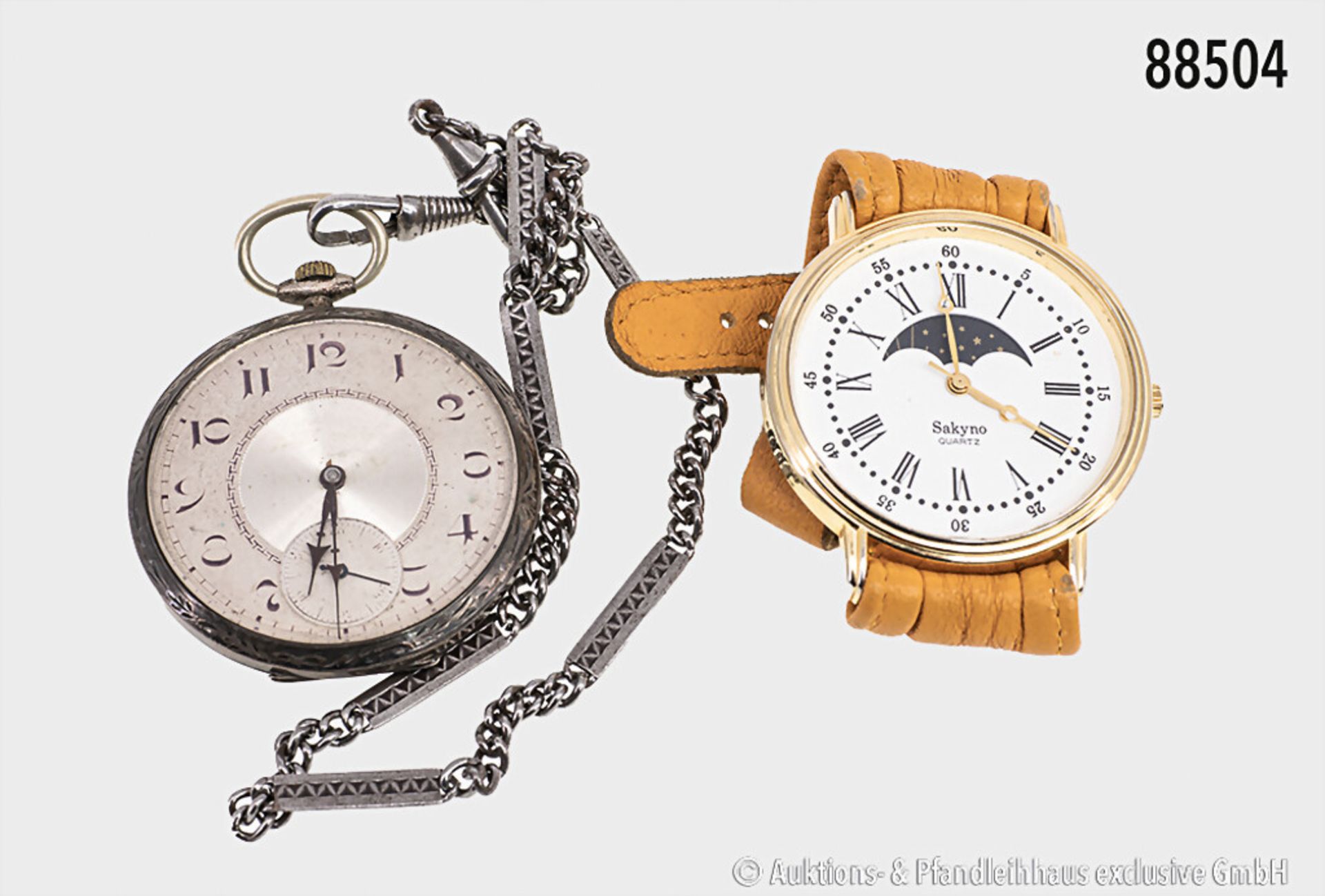 Konv. silberne Taschenuhr, 800er Silber, mit Uhrenkette, ca. 1920er Jahre, dazu Sakyno, ...
