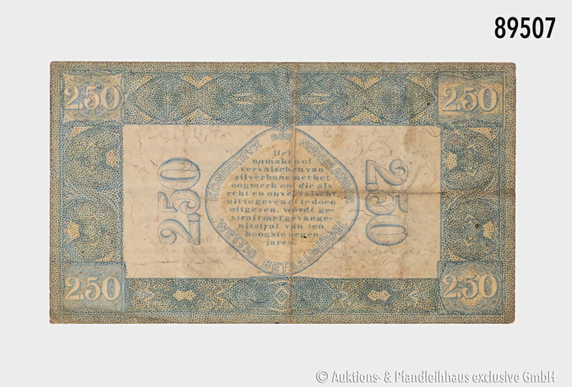 Niederlande, Zilverbon zu 2,50 Gulden, 1. Dezember 1922, Serie DN Nr. 091525, ... - Bild 2 aus 2