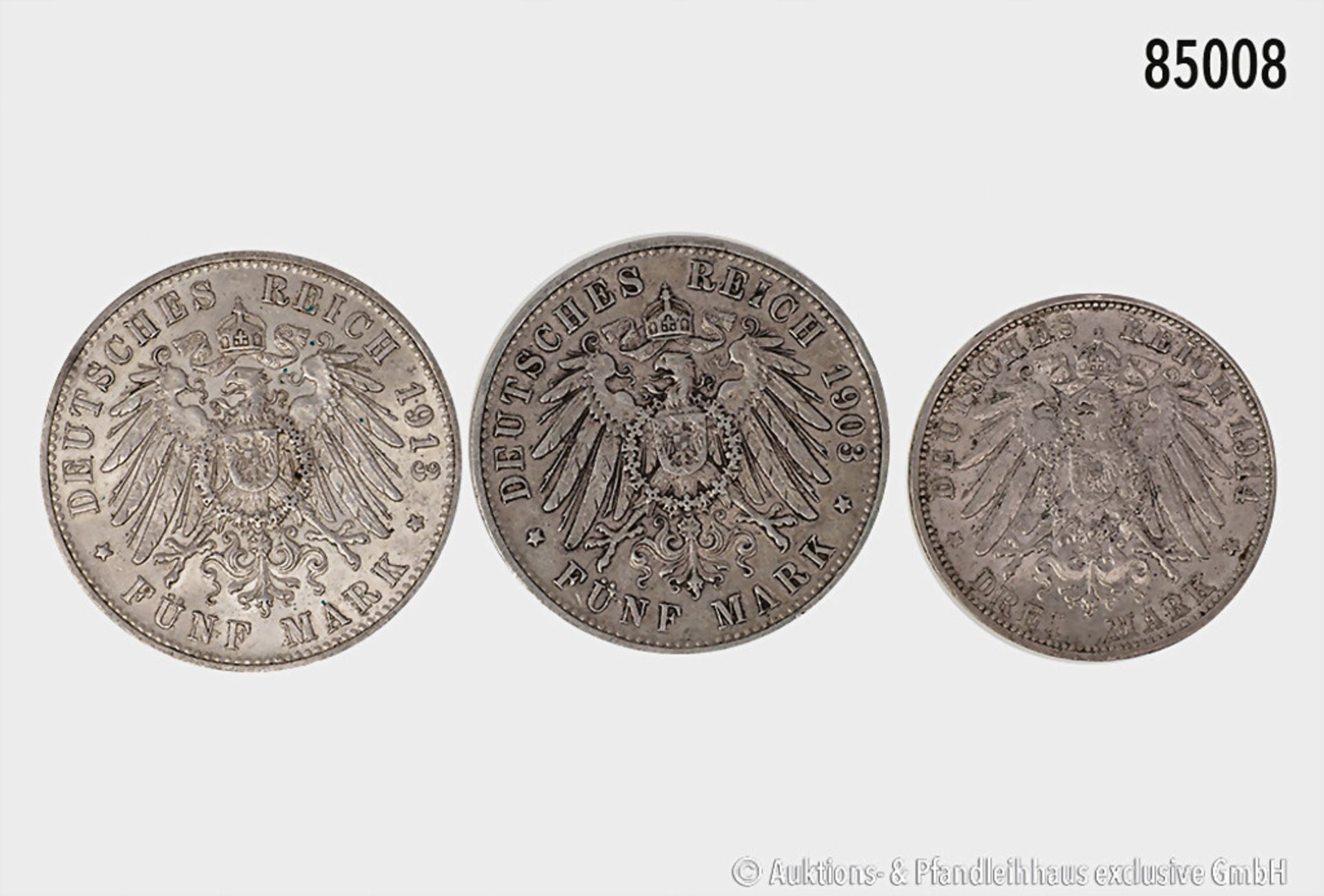 Konv. Württemberg 5 Mark 1903 und 1913 F, dazu 3 Mark 1914 F, gemischter Zustand, bitte ...