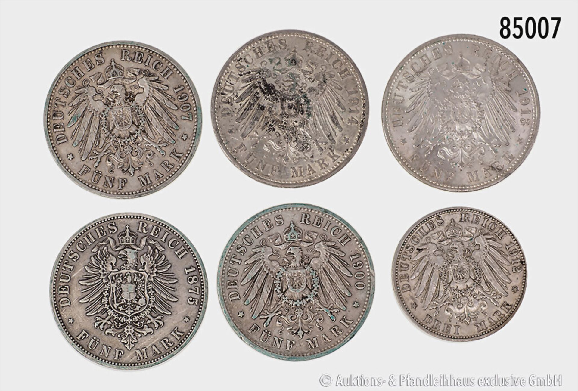 Konv. Preußen 5 Mark 1875, 1900, 1907, 1913 und 1914 A, dazu 3 Mark 1912 A, gemischter ... - Bild 2 aus 2
