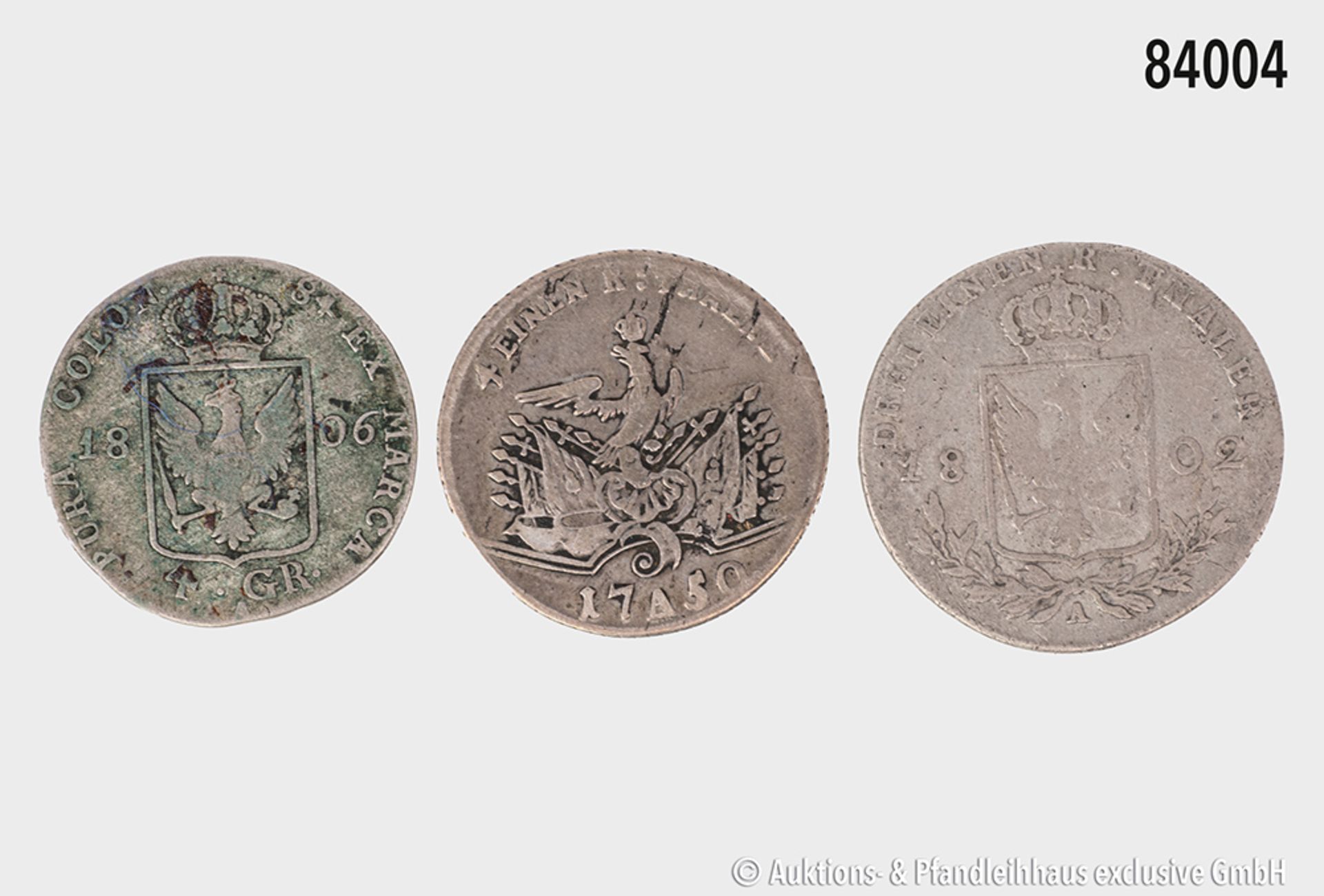 Brandenburg-Preußen, Konv. 1/4 Taler 1750 A, 1/3 Taler 1802 A und 4 Groschen 1806, ... - Image 2 of 2