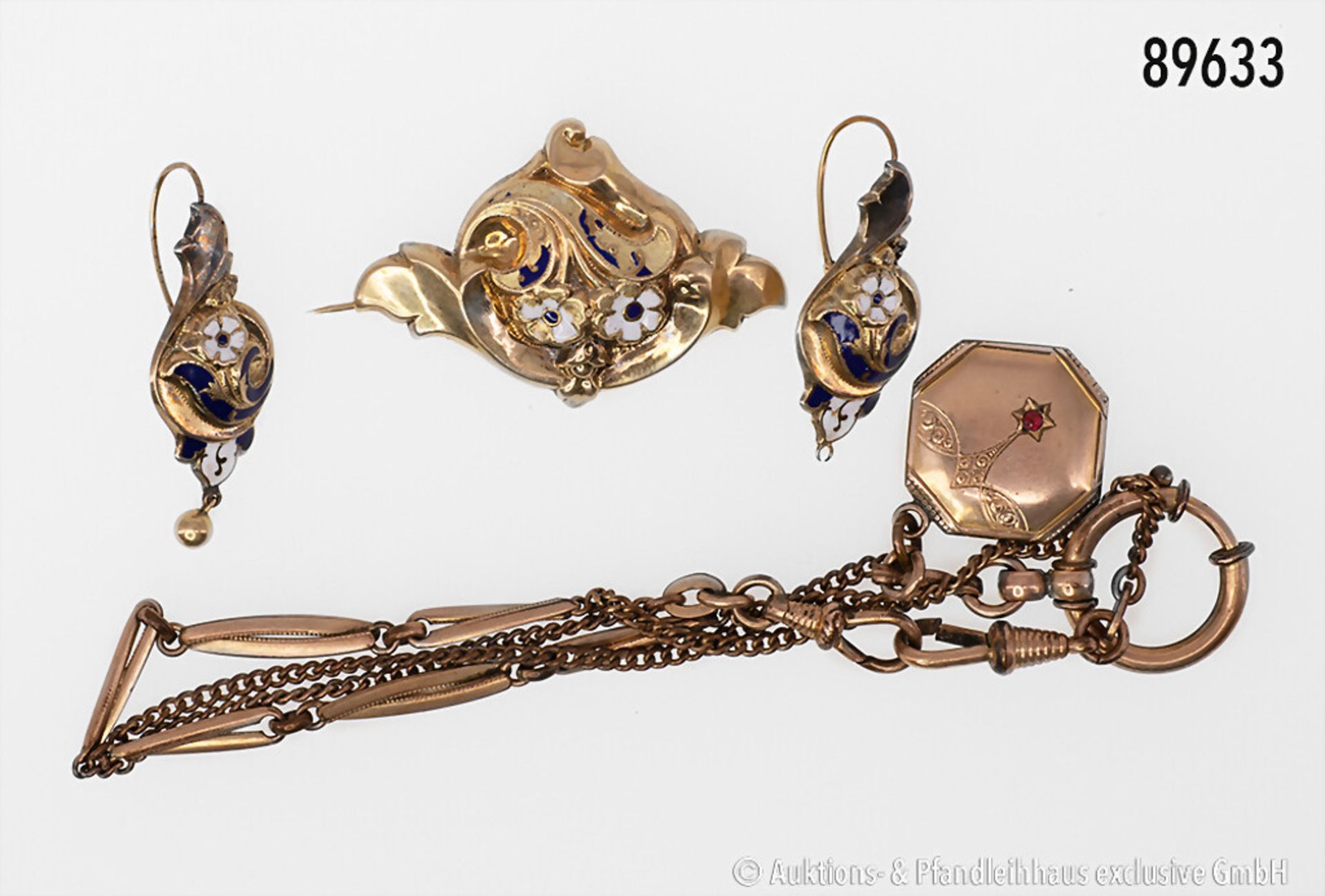 Biedermeier-Uhrenkette, vergoldet, dazu Schaumgold-Brosche und 1 Paar Ohrringe, mit ...
