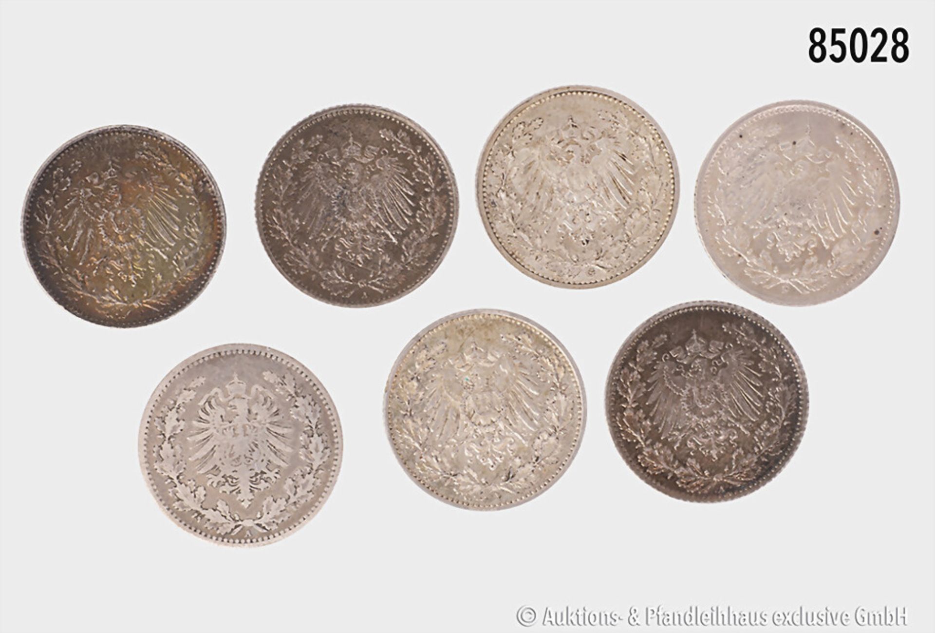 Konv. 6 x 1/2 Mark, dabei 1911 E sowie 50 Pfennig 1877 A, gemischter Zustand, bitte ... - Bild 2 aus 2
