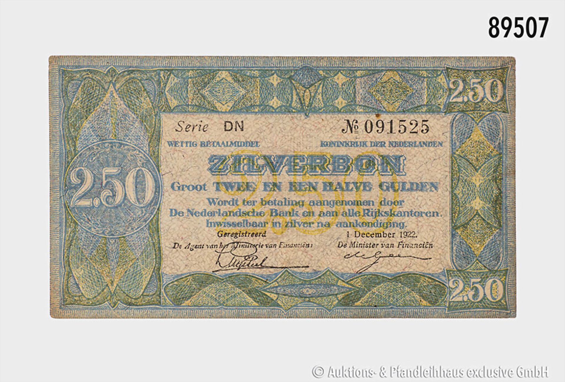 Niederlande, Zilverbon zu 2,50 Gulden, 1. Dezember 1922, Serie DN Nr. 091525, ...