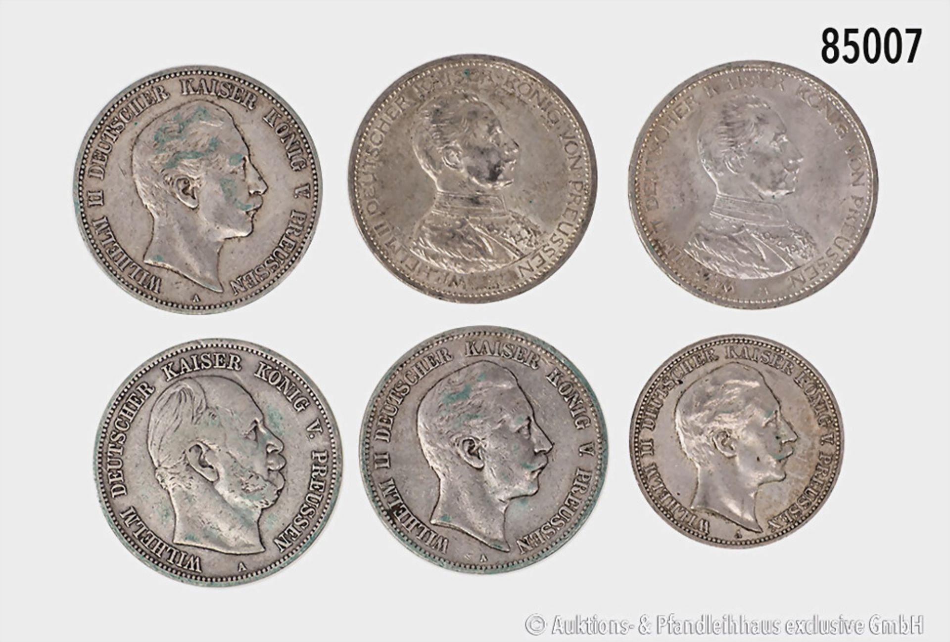 Konv. Preußen 5 Mark 1875, 1900, 1907, 1913 und 1914 A, dazu 3 Mark 1912 A, gemischter ...